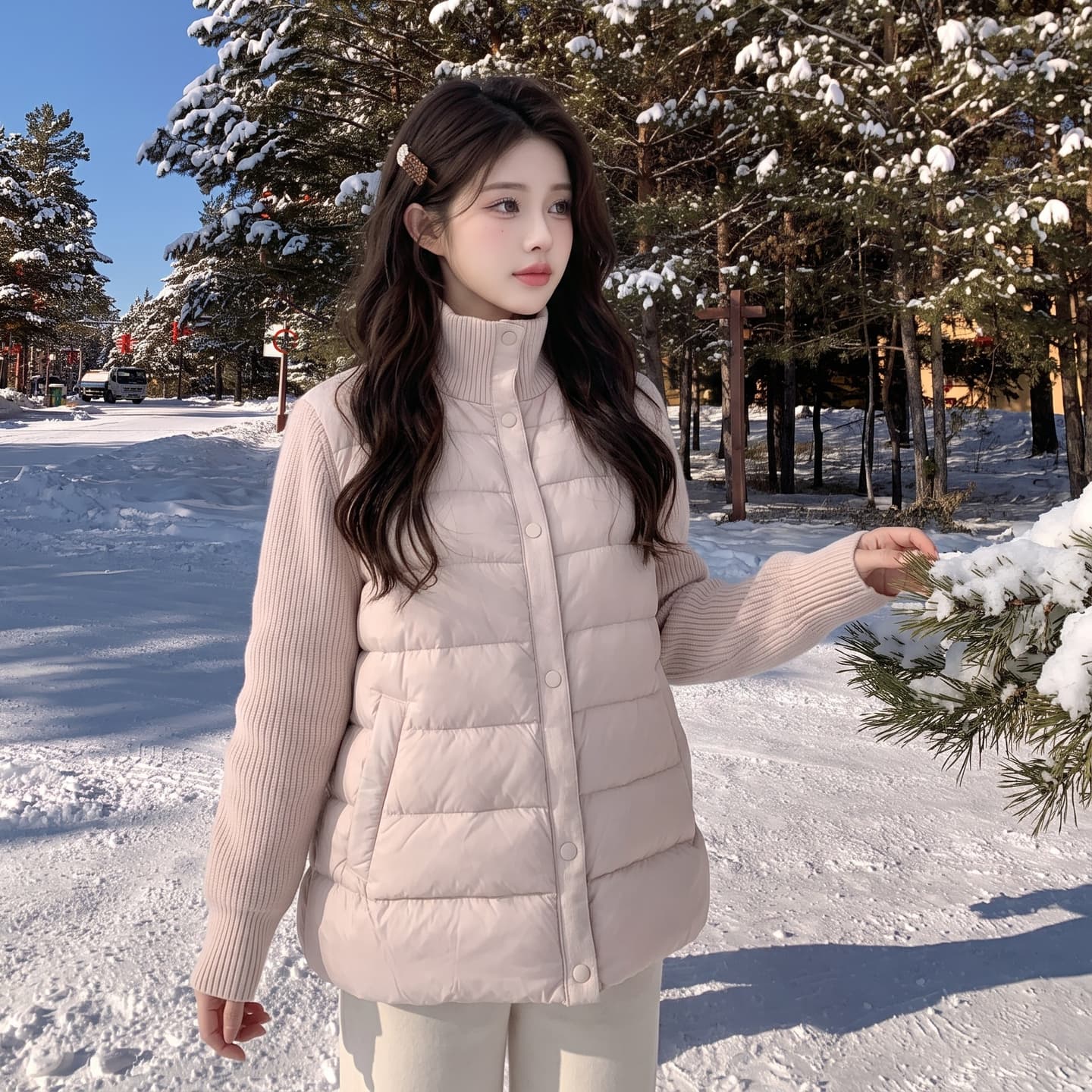 실사 니트 스탠드 칼라 패치워크 다운 재킷 여성 2026 년 겨울 새로운 작은 키 얇고 가벼운 갈비 살 만나는 재킷 이미지 2