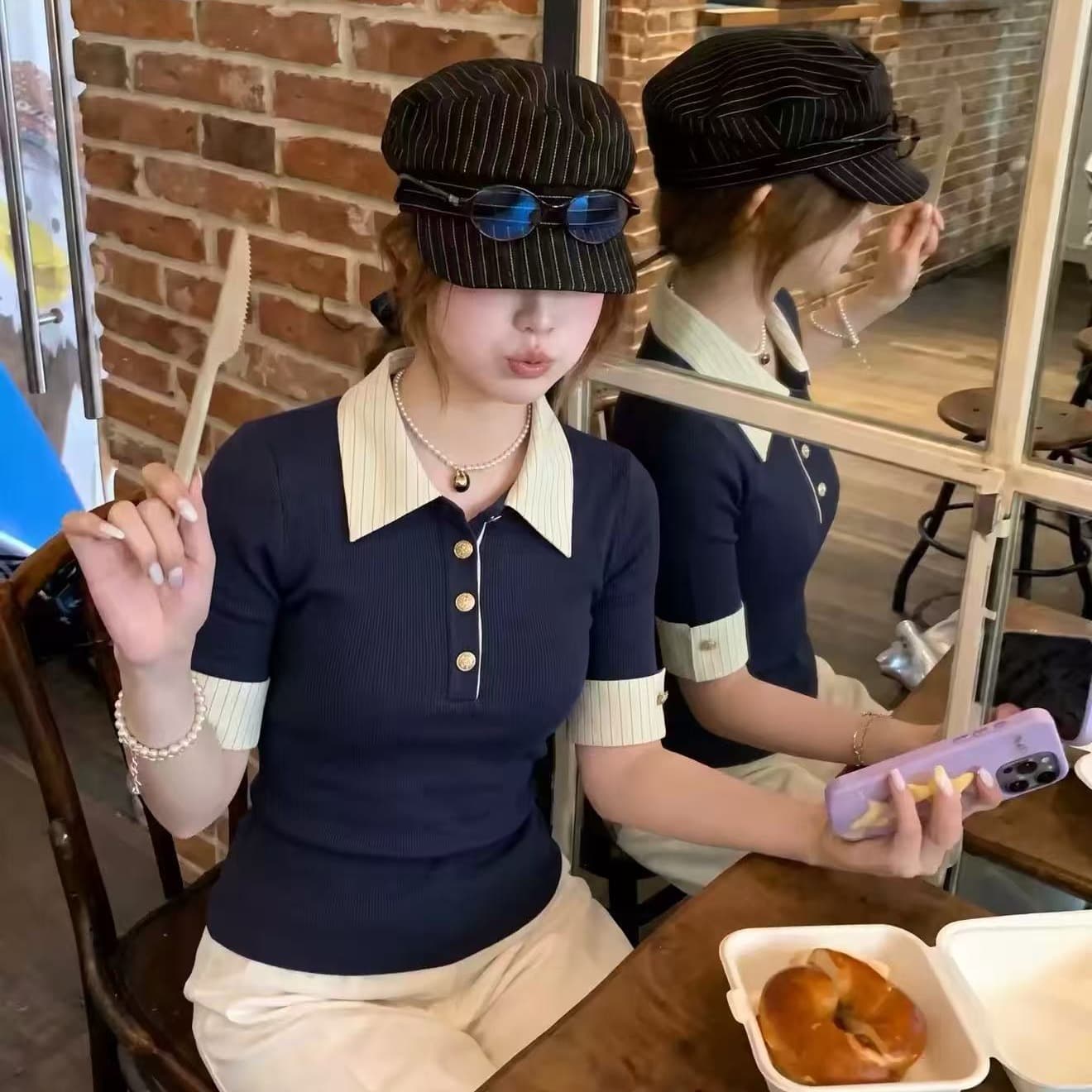 POLO 칼라 배색 페이크 레이어드 반팔 티셔츠 여성 여름 디자인 센스 작은 대중 몸매 가꾸기 슬림해 보이는 맨위 이미지 5