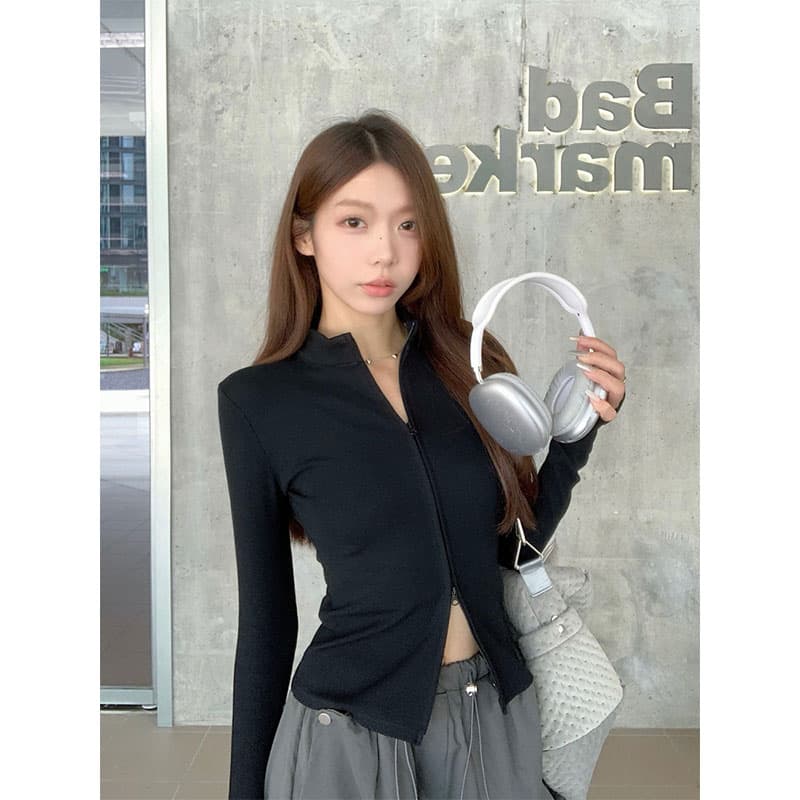 충동 섹션 레트로 아메리칸 더블 지퍼 긴팔 티셔츠 가을 핫걸 몸매 가꾸기 기본 셔츠 반하이넥 맨위 이미지 3