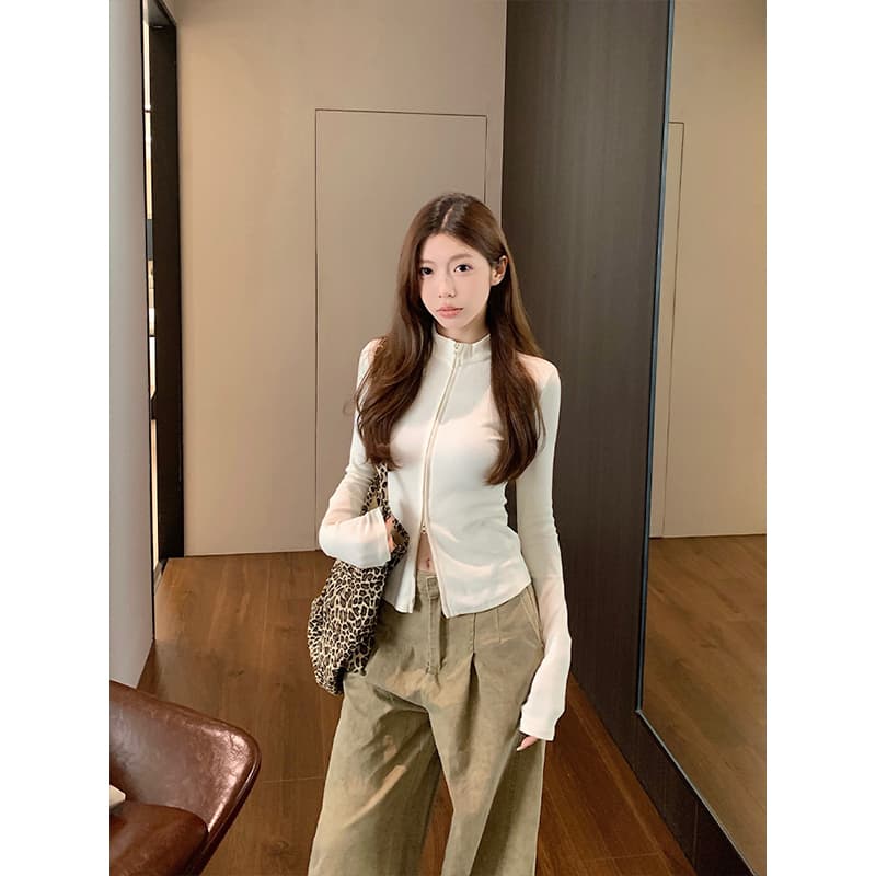 충동 섹션 레트로 아메리칸 더블 지퍼 긴팔 티셔츠 가을 핫걸 몸매 가꾸기 기본 셔츠 반하이넥 맨위 상세 이미지 14
