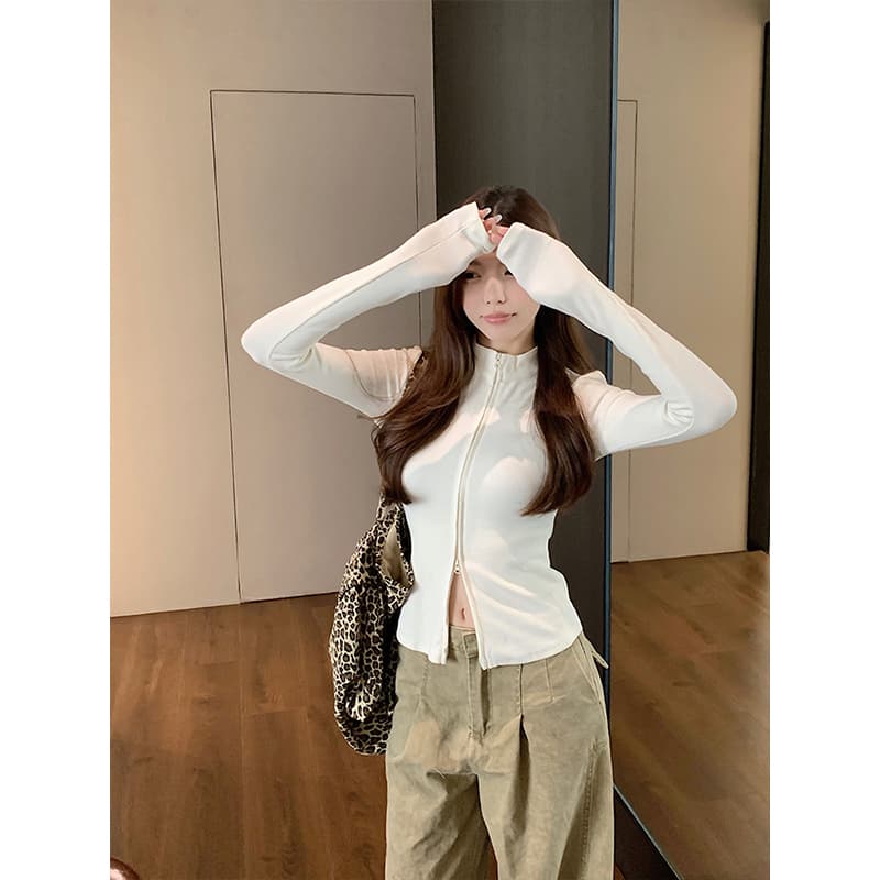 충동 섹션 레트로 아메리칸 더블 지퍼 긴팔 티셔츠 가을 핫걸 몸매 가꾸기 기본 셔츠 반하이넥 맨위 상세 이미지 16