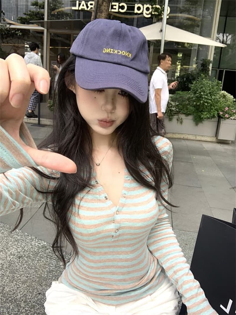 원본 품질 아메리칸 스트라이프 반 개방 칼라 긴팔 티셔츠 봄 가을 핫걸 몸매 가꾸기 핫걸 기본 셔츠 맨위 이미지 2