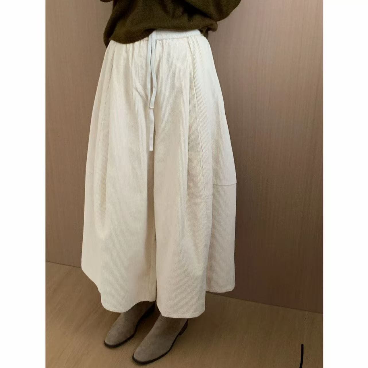 가을 겨울철 새로운 여덟 9 포인트 대 와이드 레그 팬츠 루즈핏 슬림해 보이는 다용도 표지 고기 출퇴근 품격 허리밴드 바지 한 이미지 3