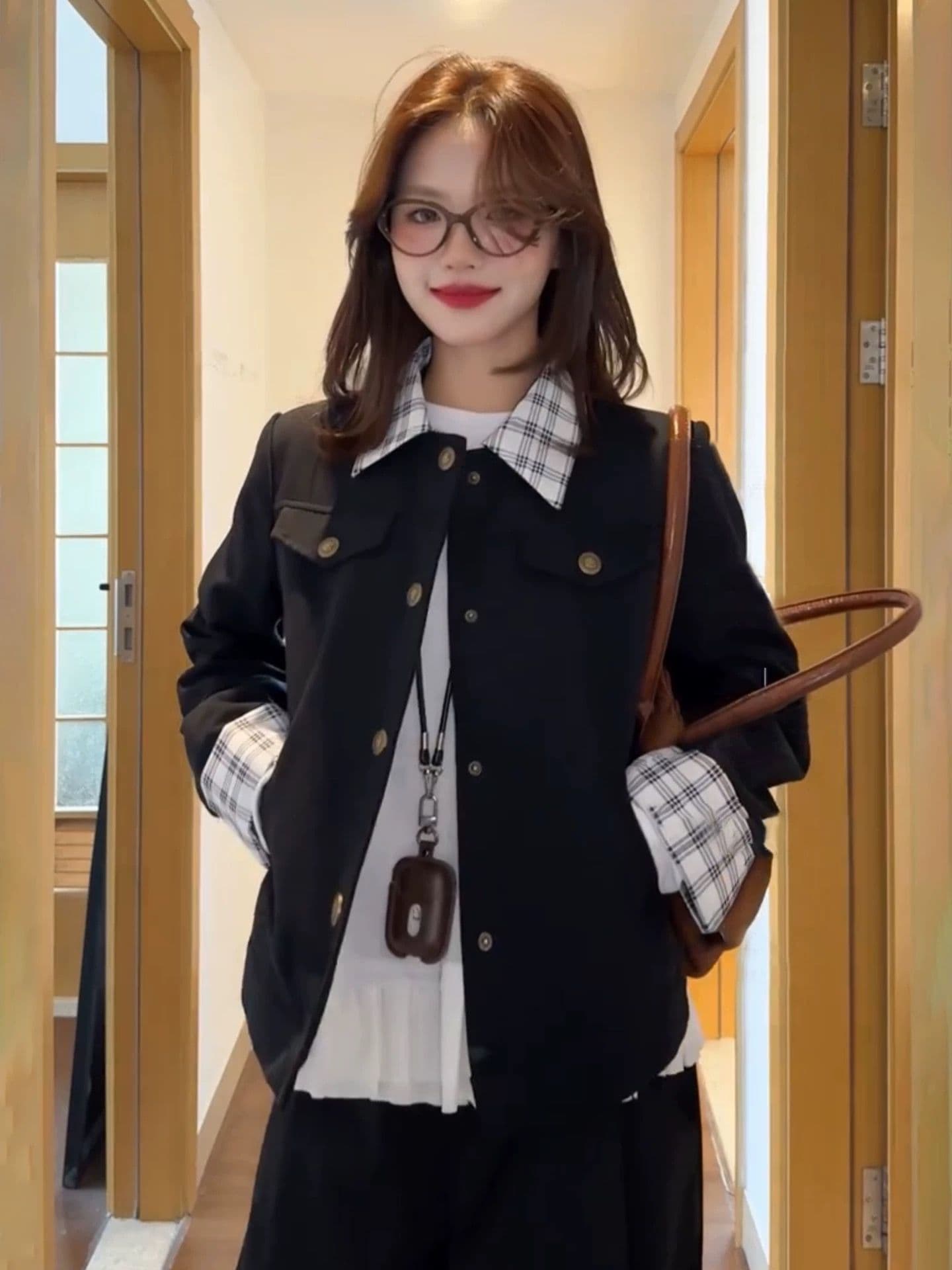 원본 높은 품질 원단 이중층 네리 새로운 봄 가을 작은 키 캐주얼 폴로 칼라 체크무늬 패치워크 재킷 트렌디 이미지 4