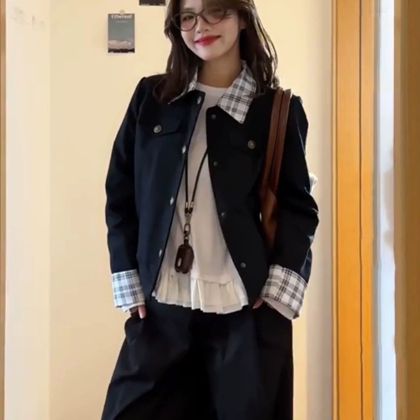 원본 높은 품질 원단 이중층 네리 새로운 봄 가을 작은 키 캐주얼 폴로 칼라 체크무늬 패치워크 재킷 트렌디 이미지 5