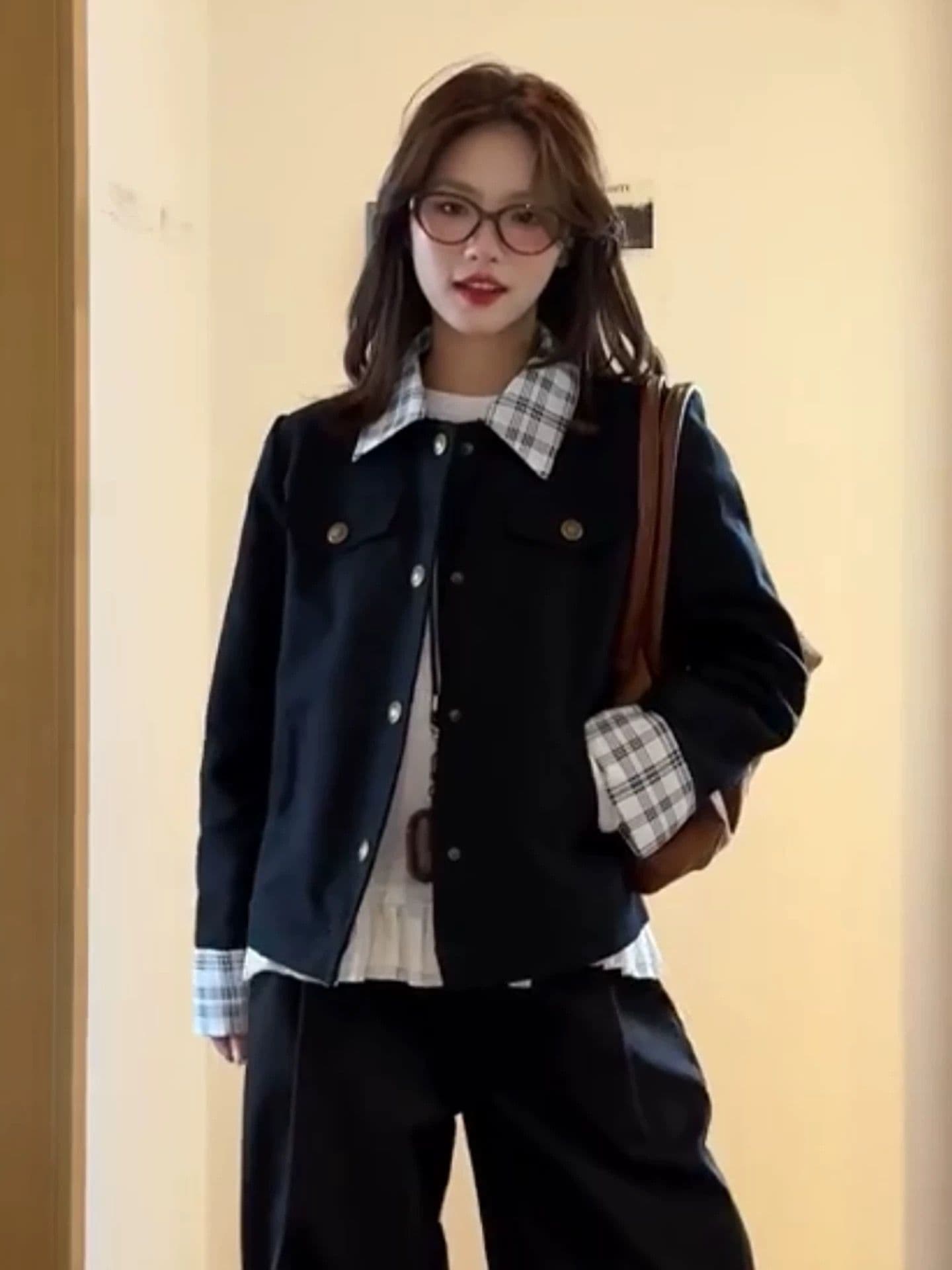 원본 높은 품질 원단 이중층 네리 새로운 봄 가을 작은 키 캐주얼 폴로 칼라 체크무늬 패치워크 재킷 트렌디 상세 이미지 1