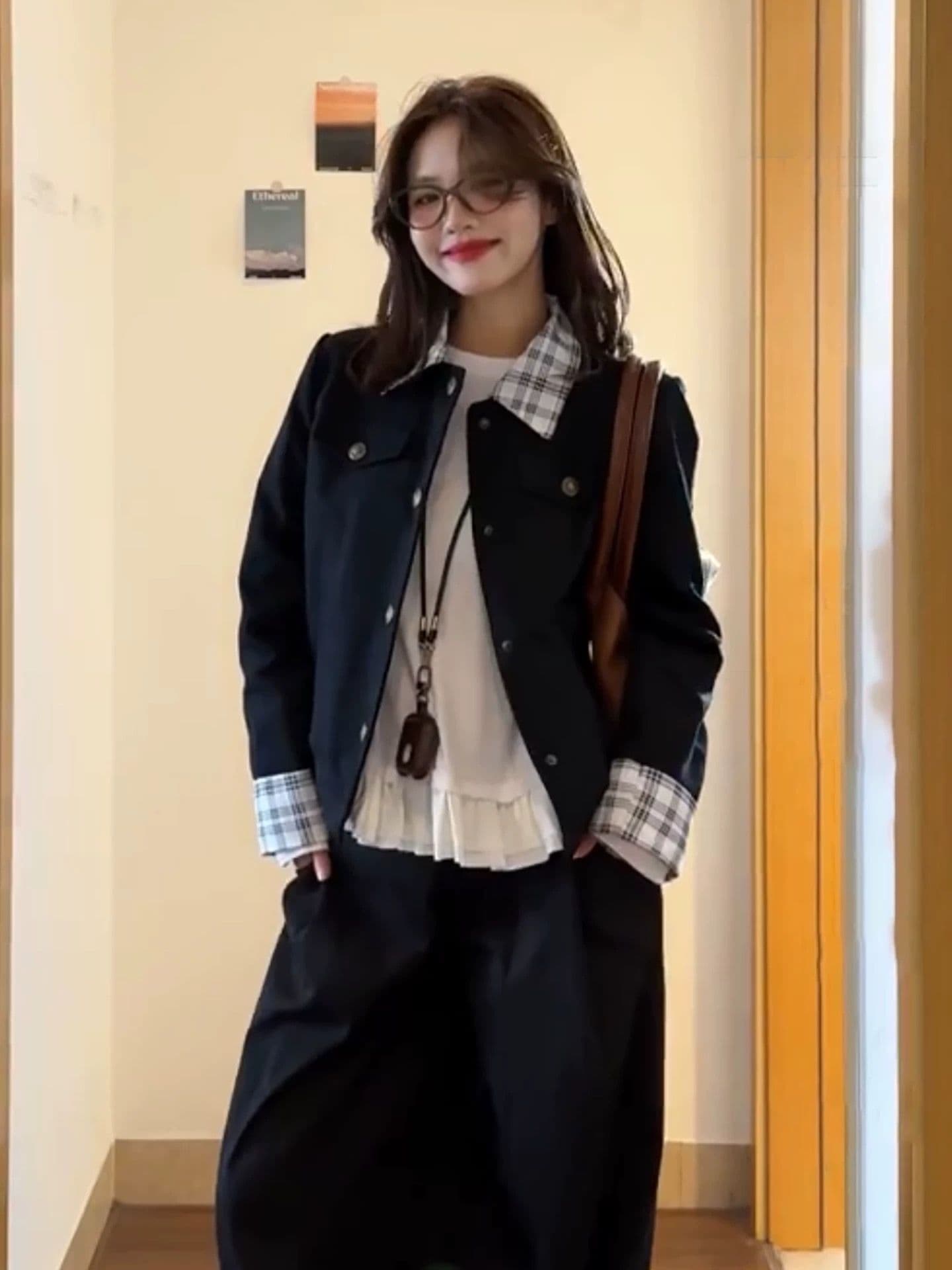 원본 높은 품질 원단 이중층 네리 새로운 봄 가을 작은 키 캐주얼 폴로 칼라 체크무늬 패치워크 재킷 트렌디 상세 이미지 4