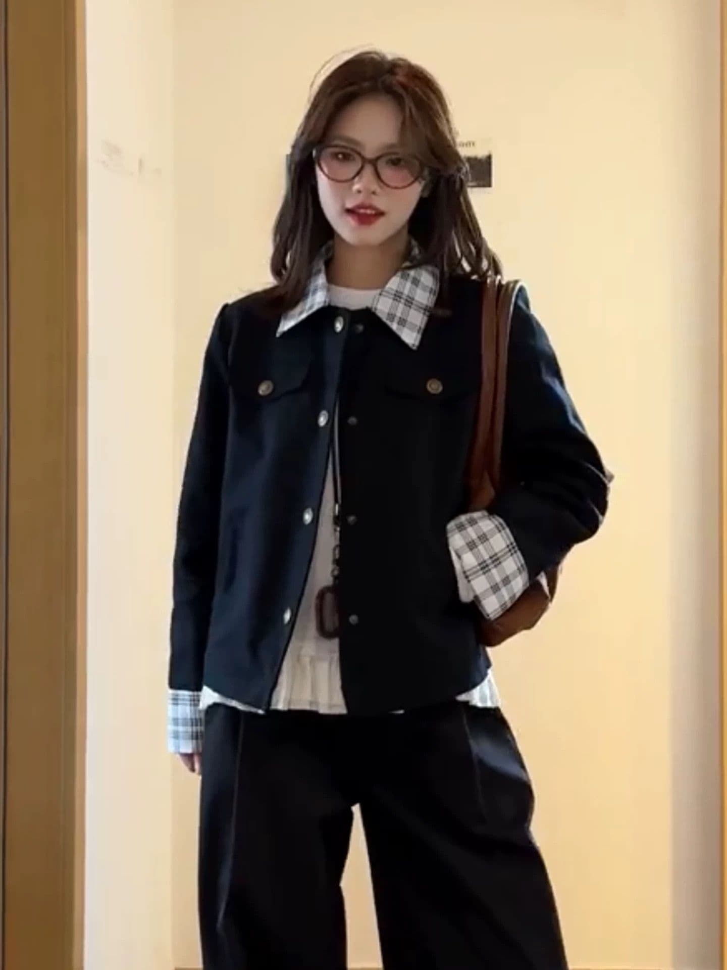 원본 높은 품질 원단 이중층 네리 새로운 봄 가을 작은 키 캐주얼 폴로 칼라 체크무늬 패치워크 재킷 트렌디 상세 이미지 5