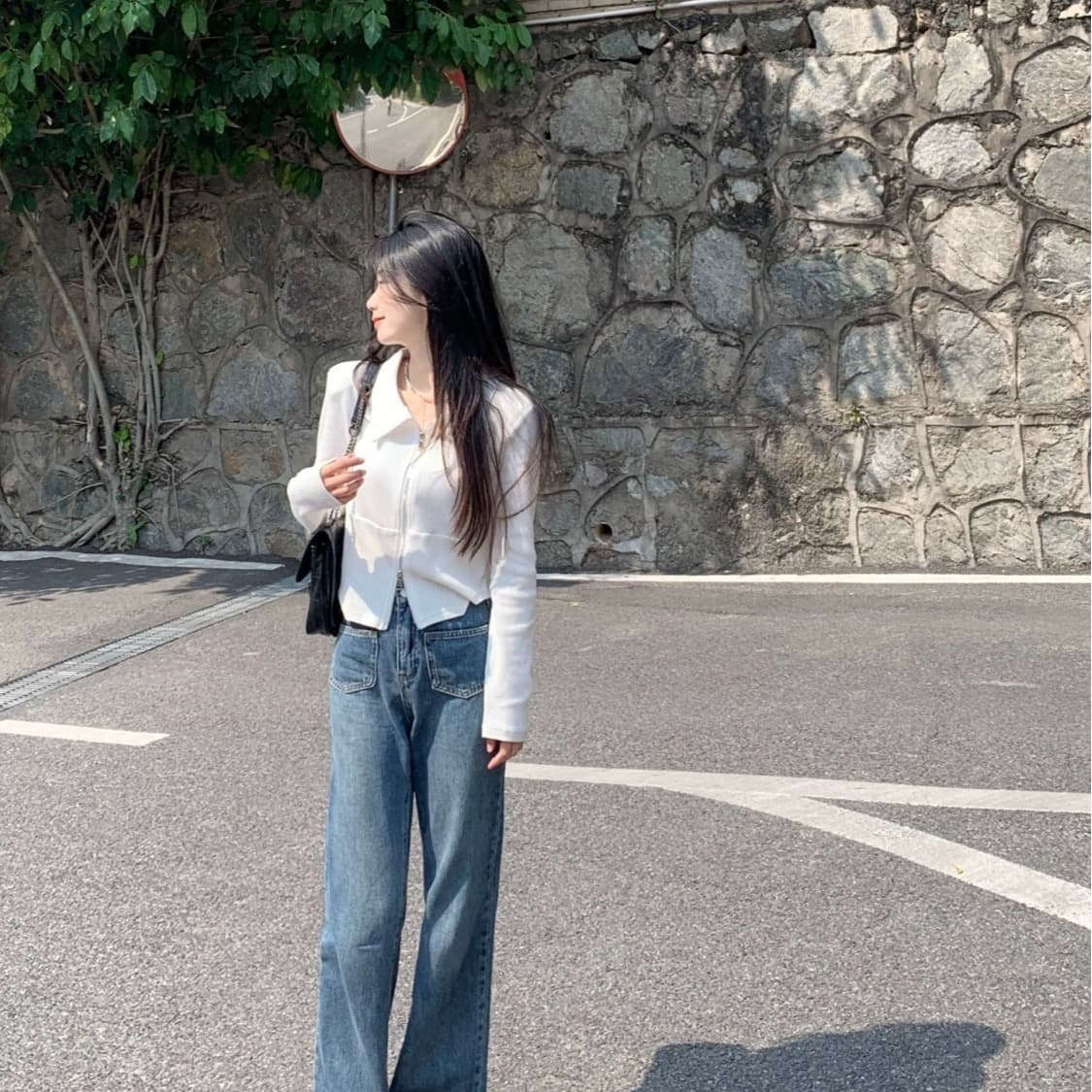 있음 선적 리브 봄 아메리칸 긍정적 인 어깨 POLO 칼라 외출용 긴팔 여성 짧은 이미지 3