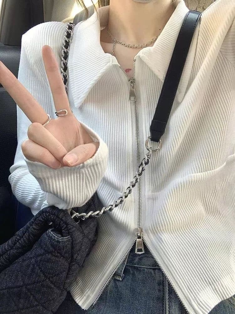 있음 선적 리브 봄 아메리칸 긍정적 인 어깨 POLO 칼라 외출용 긴팔 여성 짧은 이미지 2