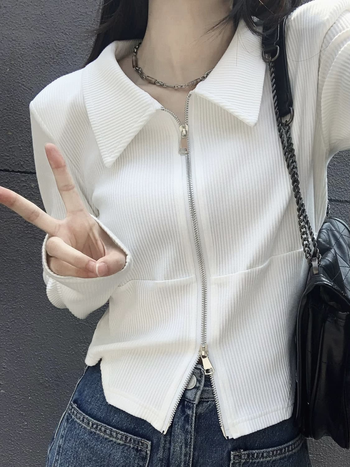 있음 선적 리브 봄 아메리칸 긍정적 인 어깨 POLO 칼라 외출용 긴팔 여성 짧은 상세 이미지 2