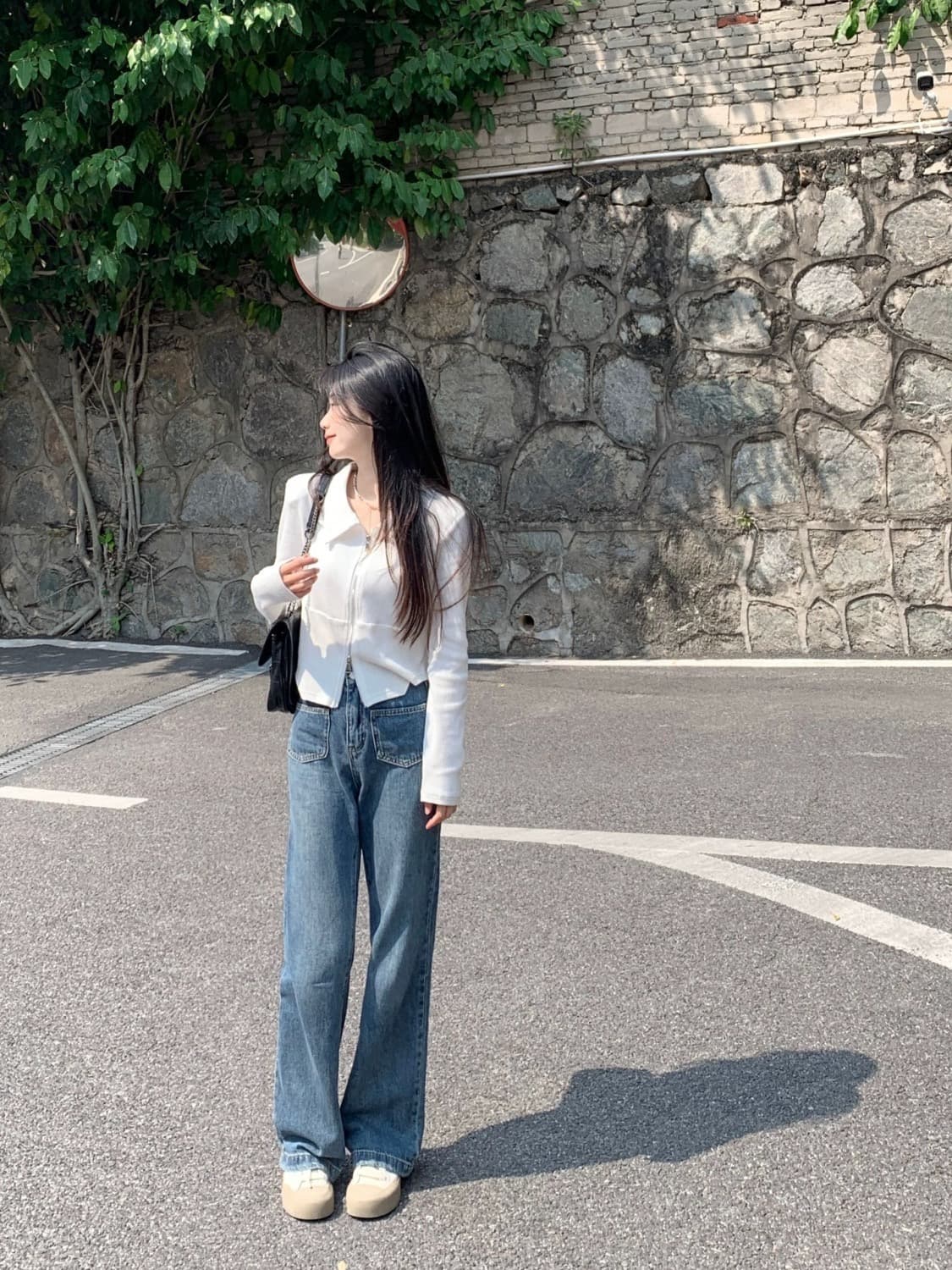 있음 선적 리브 봄 아메리칸 긍정적 인 어깨 POLO 칼라 외출용 긴팔 여성 짧은 상세 이미지 3