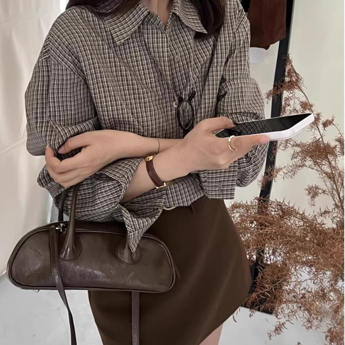 50 면 원본 새로운 디자인 센스 긴팔 체크무늬 셔츠 항구 바람 세련된 센스 루즈핏 POLO 칼라 맨위 여성 이미지 5