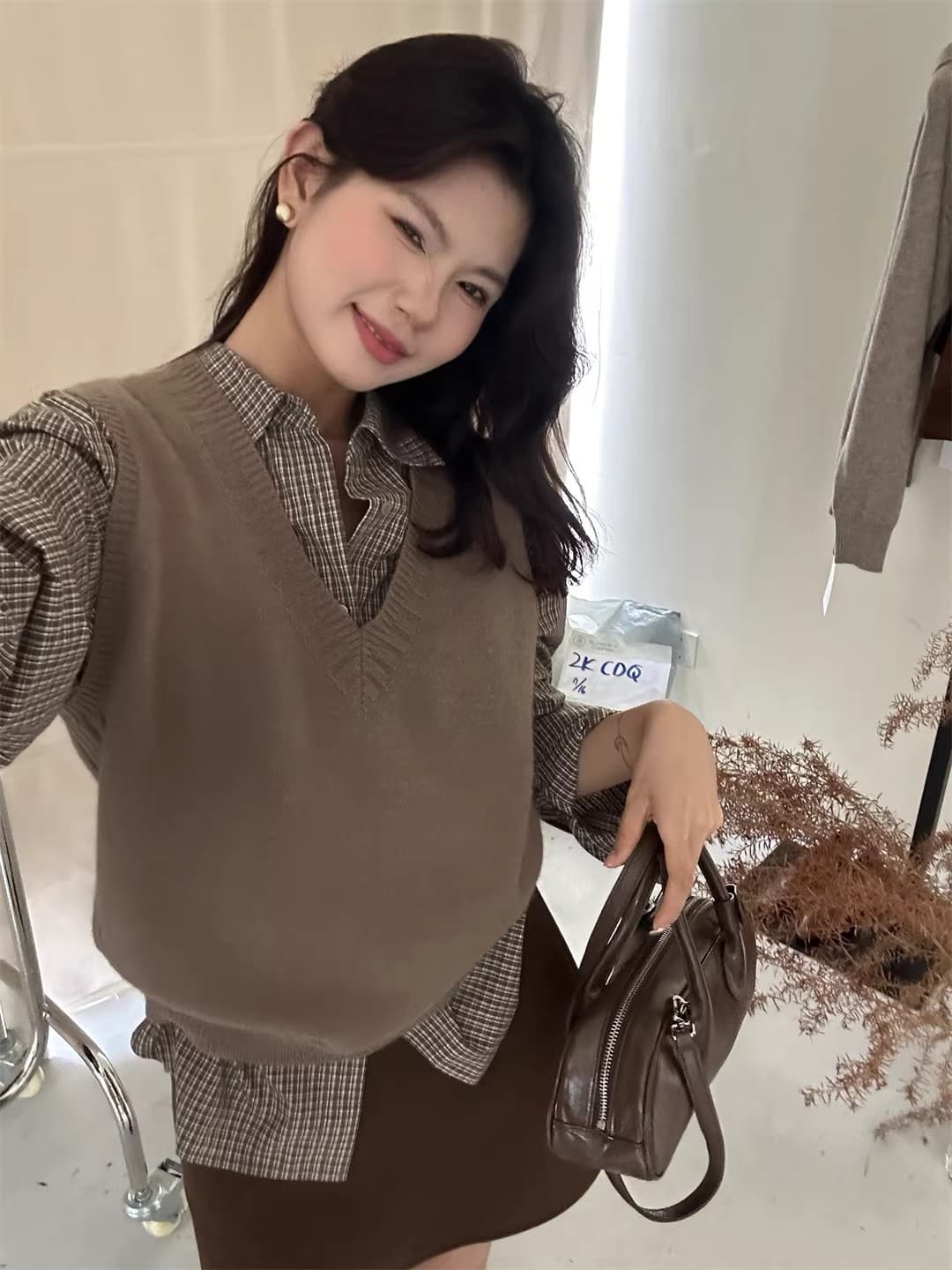 50 면 원본 새로운 디자인 센스 긴팔 체크무늬 셔츠 항구 바람 세련된 센스 루즈핏 POLO 칼라 맨위 여성 상세 이미지 7