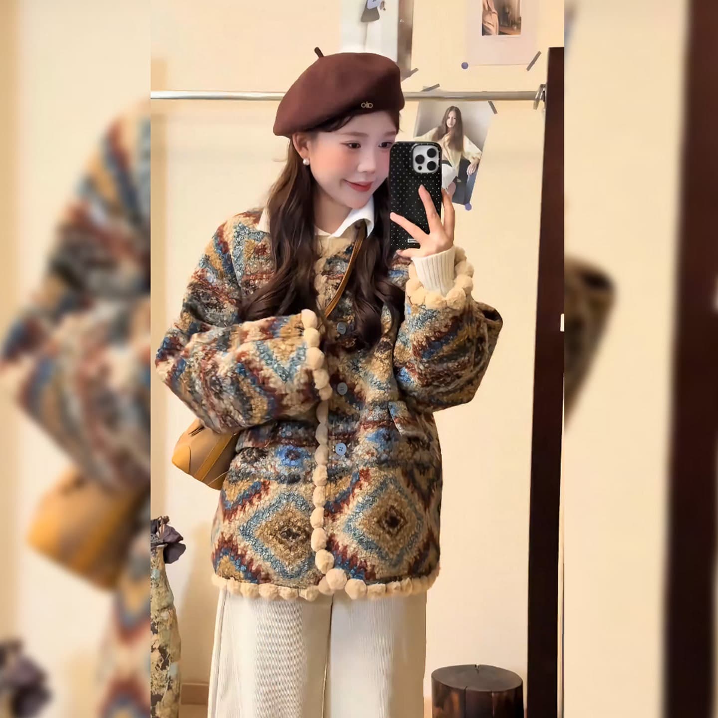 품격 레트로 공정한 섬 자카드 두꺼운 재킷 여성 의류 겨울 새로운 고급 센스 캐주얼 보온 솜을 넣은 재킷 이미지 3