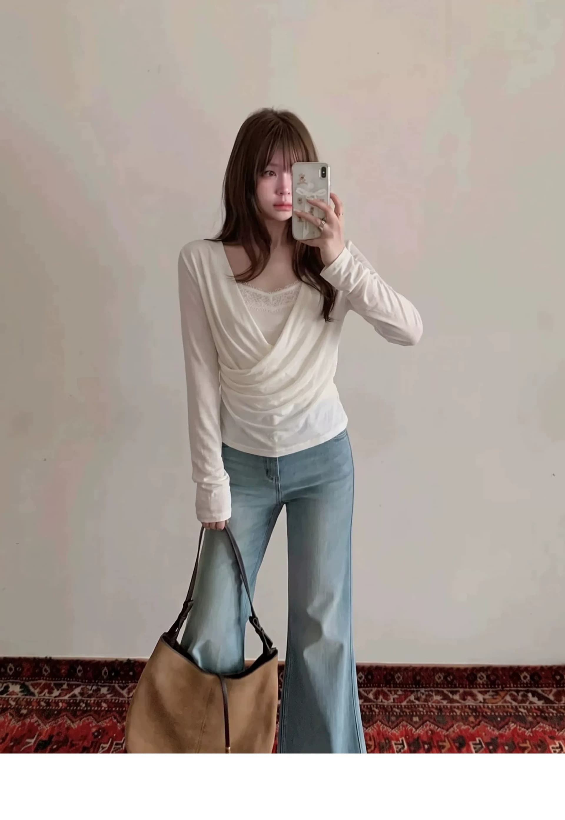 미니멀리즘 바람 흔들다 칼라 페이크 레이어드 레이스 조각 풀오버 작은 셔츠 여성 가을 새로운 핫걸 몸매 가꾸기 화이트 긴팔 맨위 이미지 4