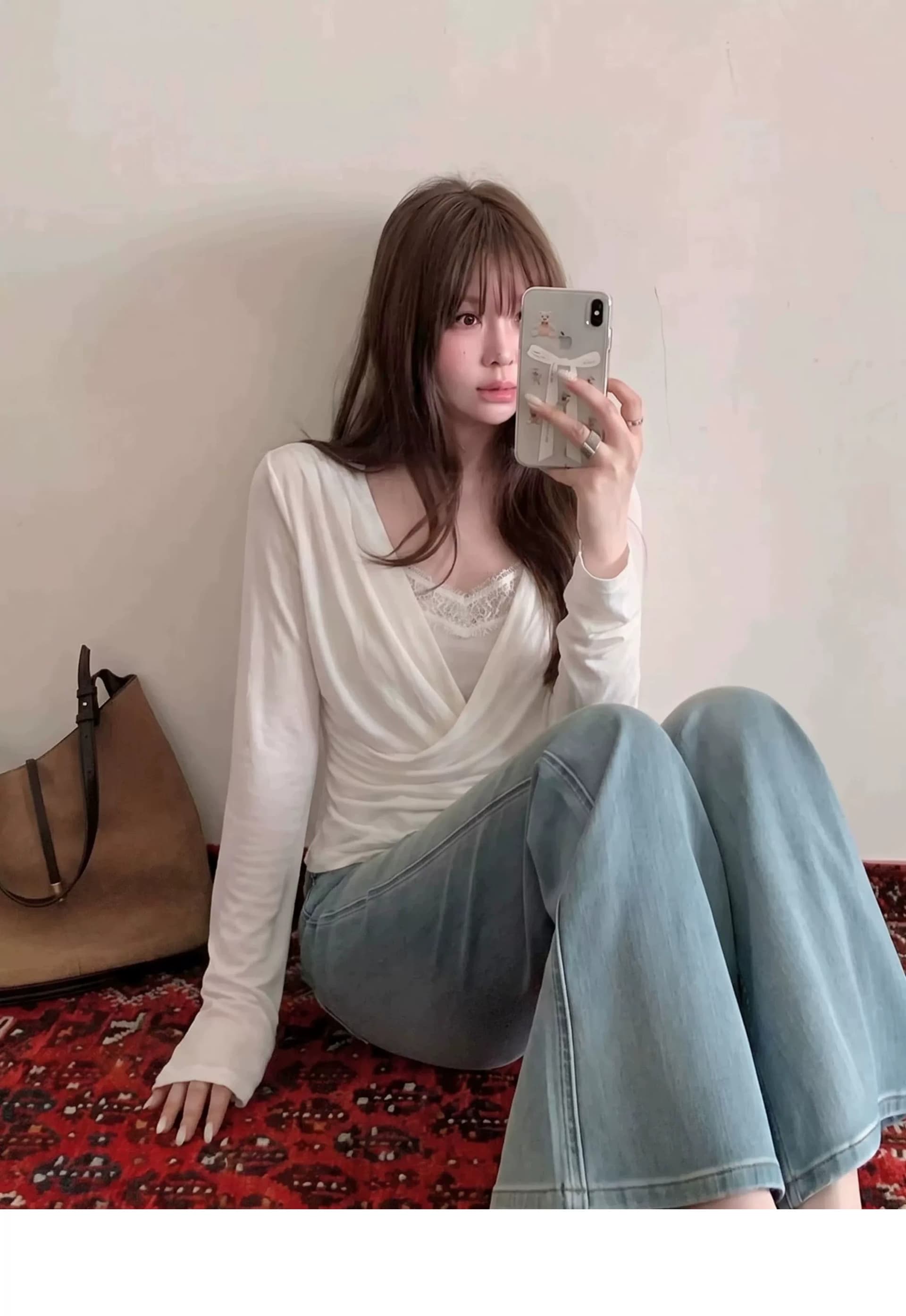 미니멀리즘 바람 흔들다 칼라 페이크 레이어드 레이스 조각 풀오버 작은 셔츠 여성 가을 새로운 핫걸 몸매 가꾸기 화이트 긴팔 맨위 상세 이미지 2