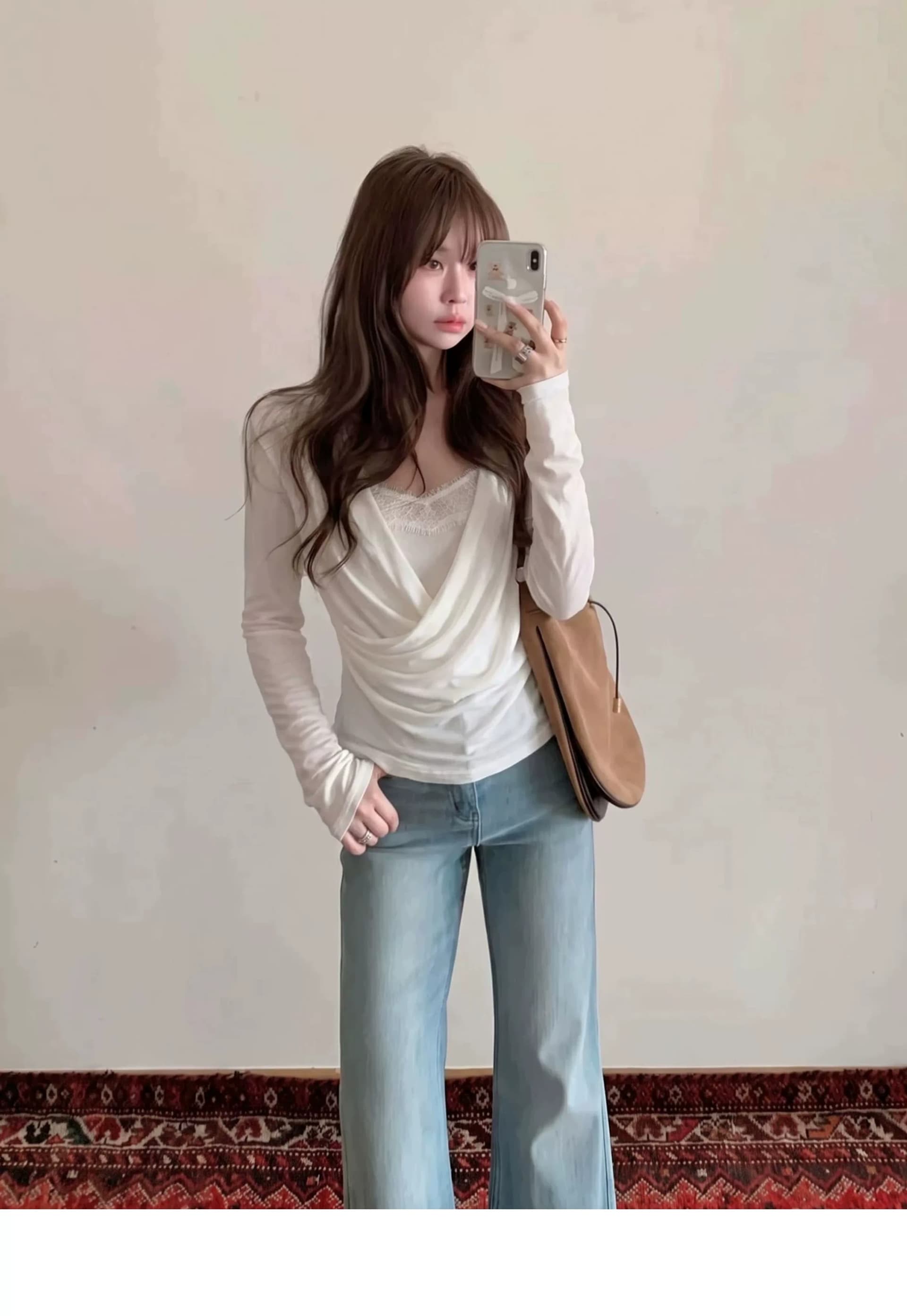 미니멀리즘 바람 흔들다 칼라 페이크 레이어드 레이스 조각 풀오버 작은 셔츠 여성 가을 새로운 핫걸 몸매 가꾸기 화이트 긴팔 맨위 상세 이미지 3