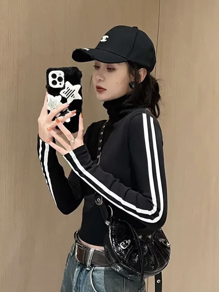 있음 선적 양면 De 플러시 원단 터틀넥 몸매 가꾸기 슬림해 보이는 긴팔 티셔츠 여성 새로운