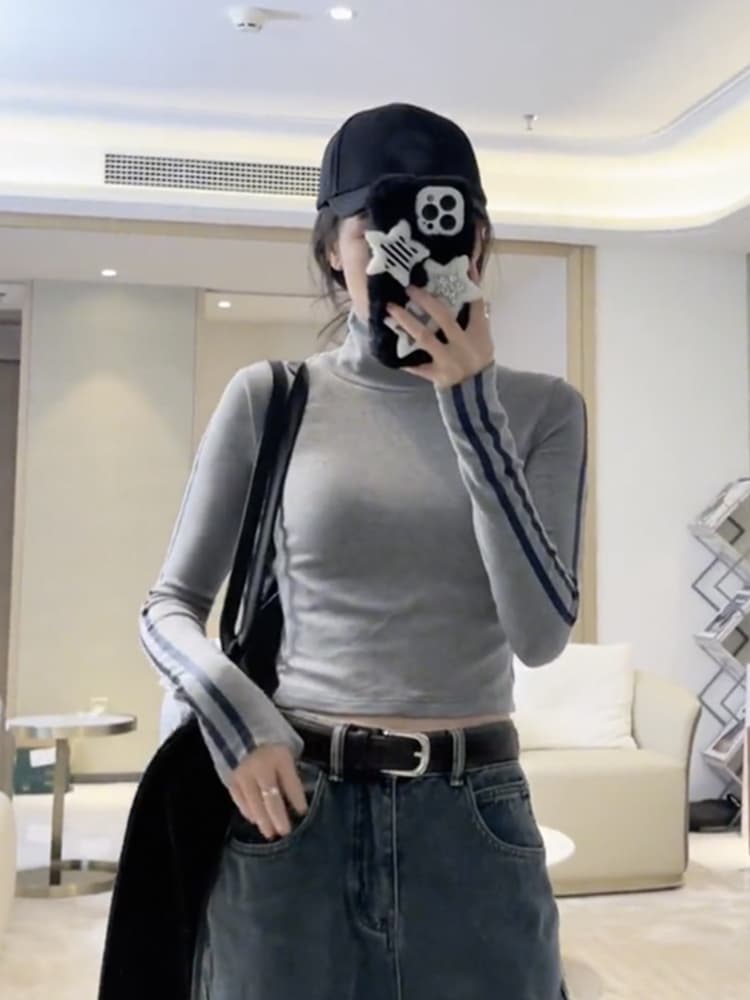 있음 선적 양면 De 플러시 원단 터틀넥 몸매 가꾸기 슬림해 보이는 긴팔 티셔츠 여성 새로운 이미지 3