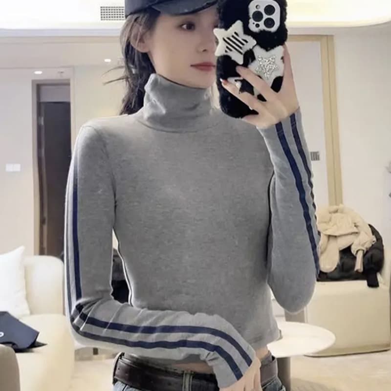 있음 선적 양면 De 플러시 원단 터틀넥 몸매 가꾸기 슬림해 보이는 긴팔 티셔츠 여성 새로운 이미지 5