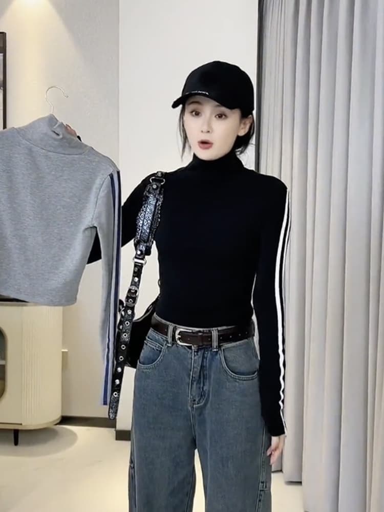 있음 선적 양면 De 플러시 원단 터틀넥 몸매 가꾸기 슬림해 보이는 긴팔 티셔츠 여성 새로운 상세 이미지 3