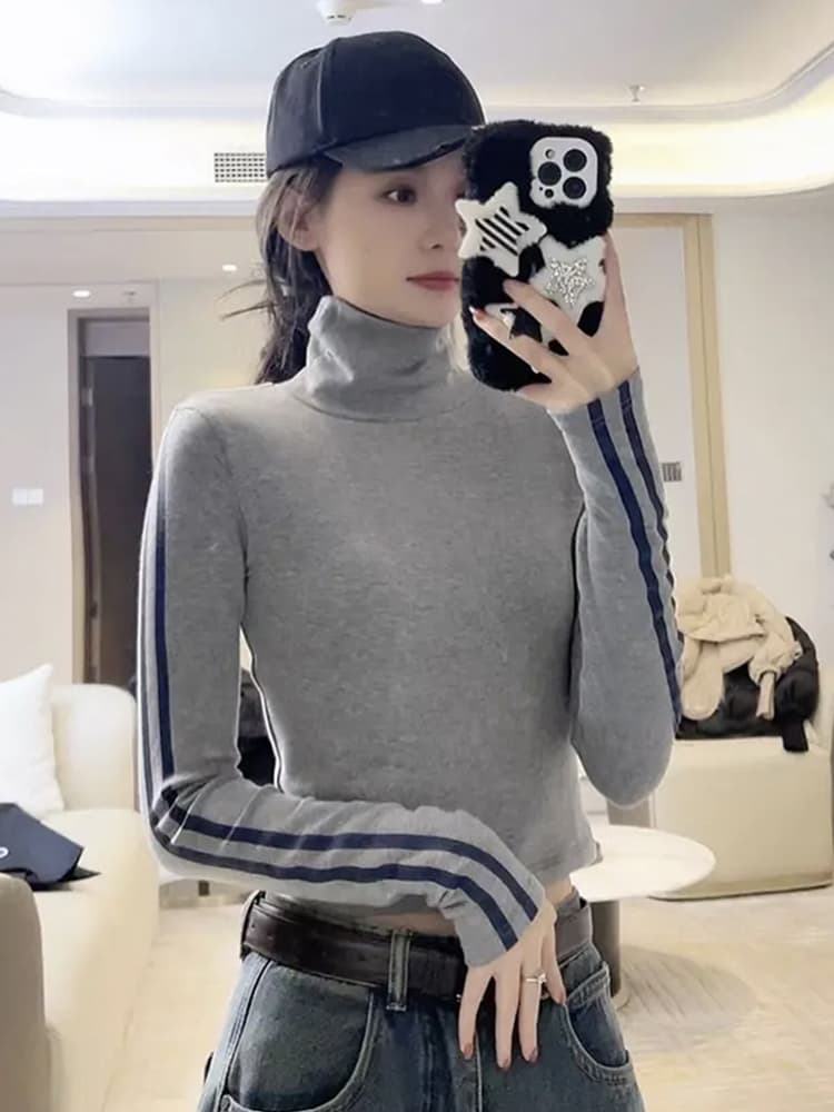 있음 선적 양면 De 플러시 원단 터틀넥 몸매 가꾸기 슬림해 보이는 긴팔 티셔츠 여성 새로운 상세 이미지 5