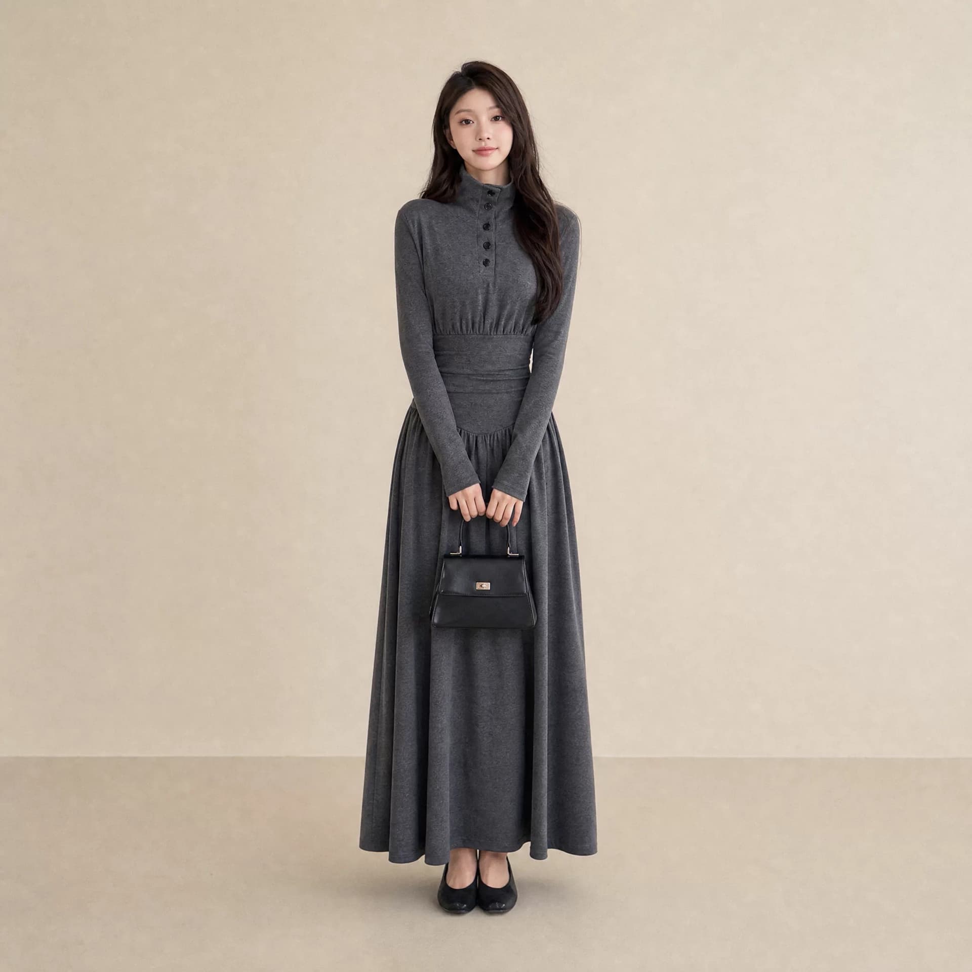 이른 가을 한 부서 학원 스타일 여성 드레스 가을 겨울 레트로 스탠드 칼라 A라인 스커트 몸매 가꾸기 슬림해 보이는 만나는 회색 길다 치마 상세 이미지 1