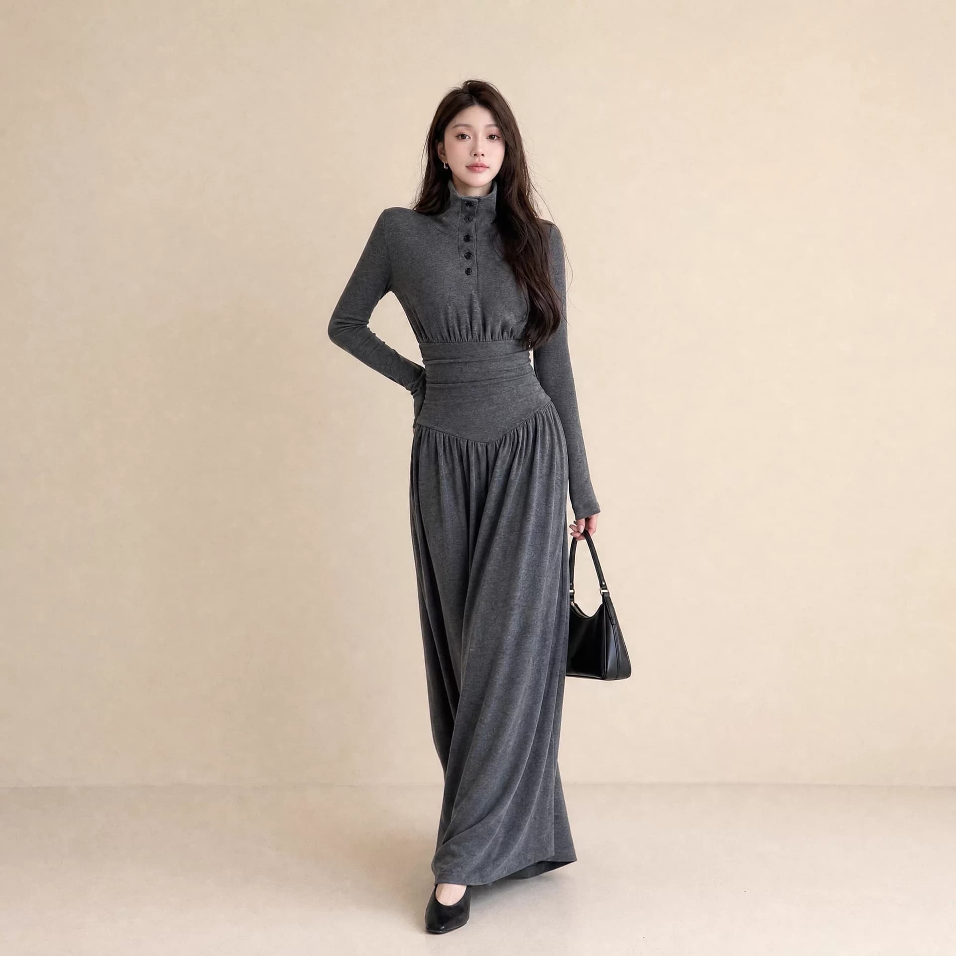 이른 가을 한 부서 학원 스타일 여성 드레스 가을 겨울 레트로 스탠드 칼라 A라인 스커트 몸매 가꾸기 슬림해 보이는 만나는 회색 길다 치마 상세 이미지 2