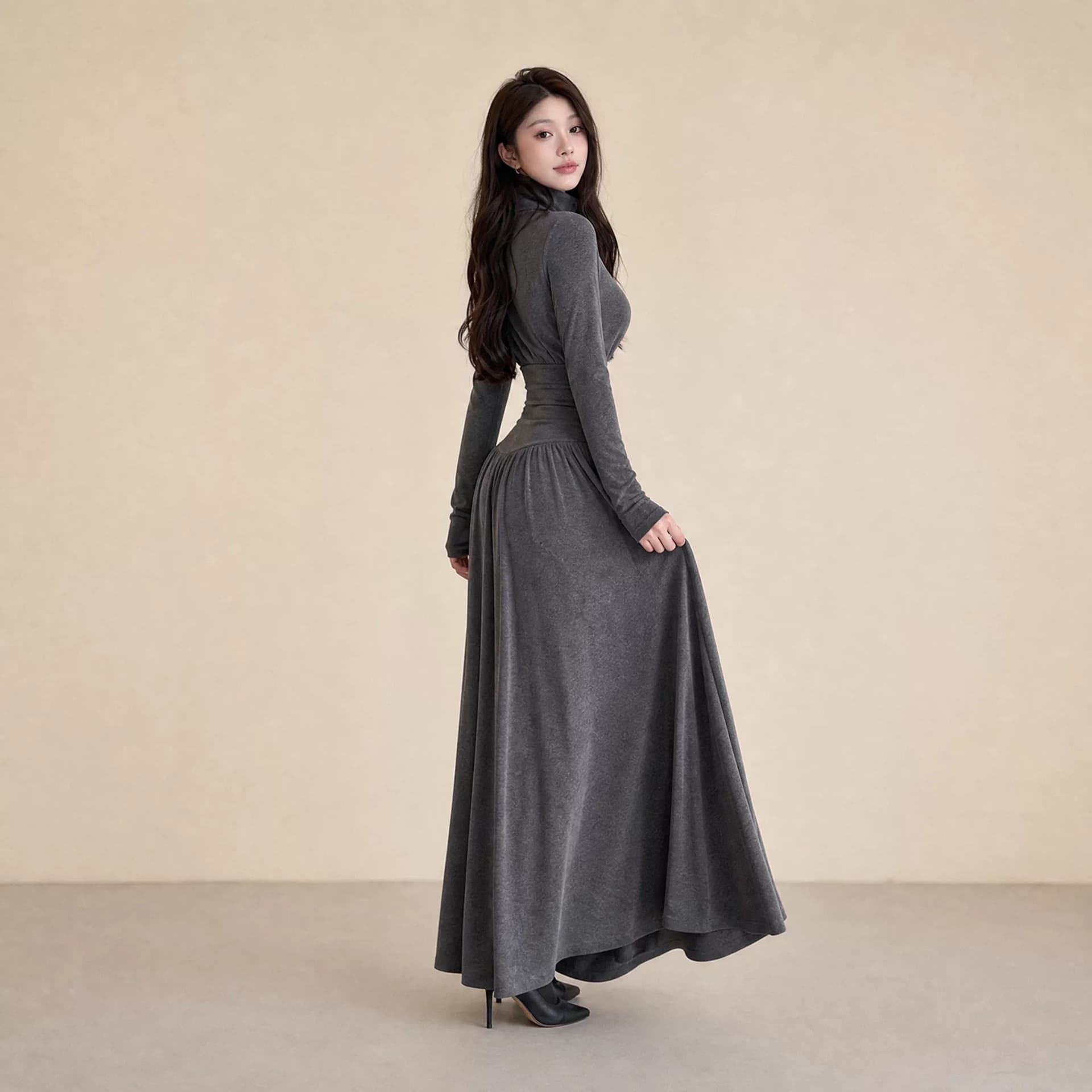 이른 가을 한 부서 학원 스타일 여성 드레스 가을 겨울 레트로 스탠드 칼라 A라인 스커트 몸매 가꾸기 슬림해 보이는 만나는 회색 길다 치마 상세 이미지 3
