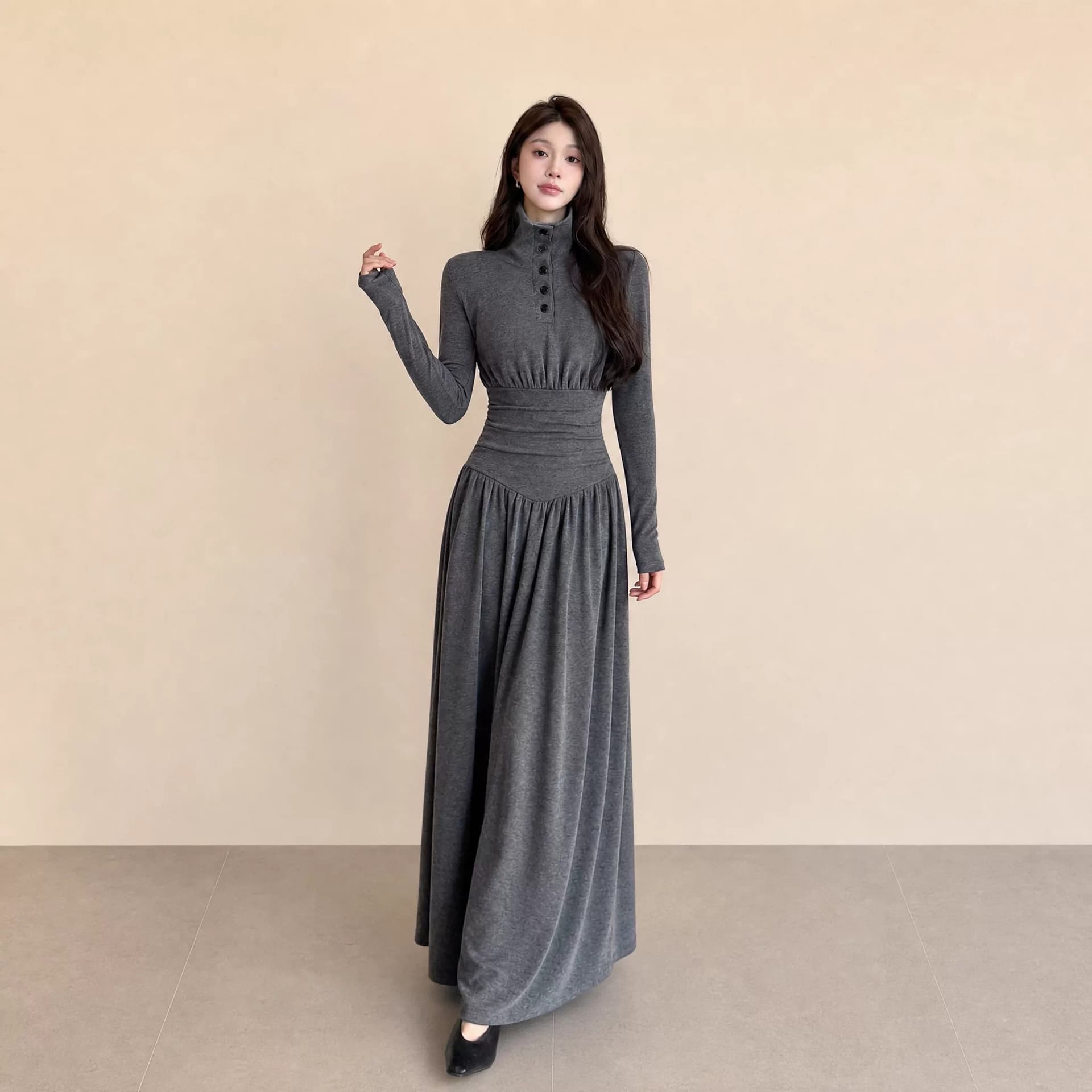 이른 가을 한 부서 학원 스타일 여성 드레스 가을 겨울 레트로 스탠드 칼라 A라인 스커트 몸매 가꾸기 슬림해 보이는 만나는 회색 길다 치마 상세 이미지 4