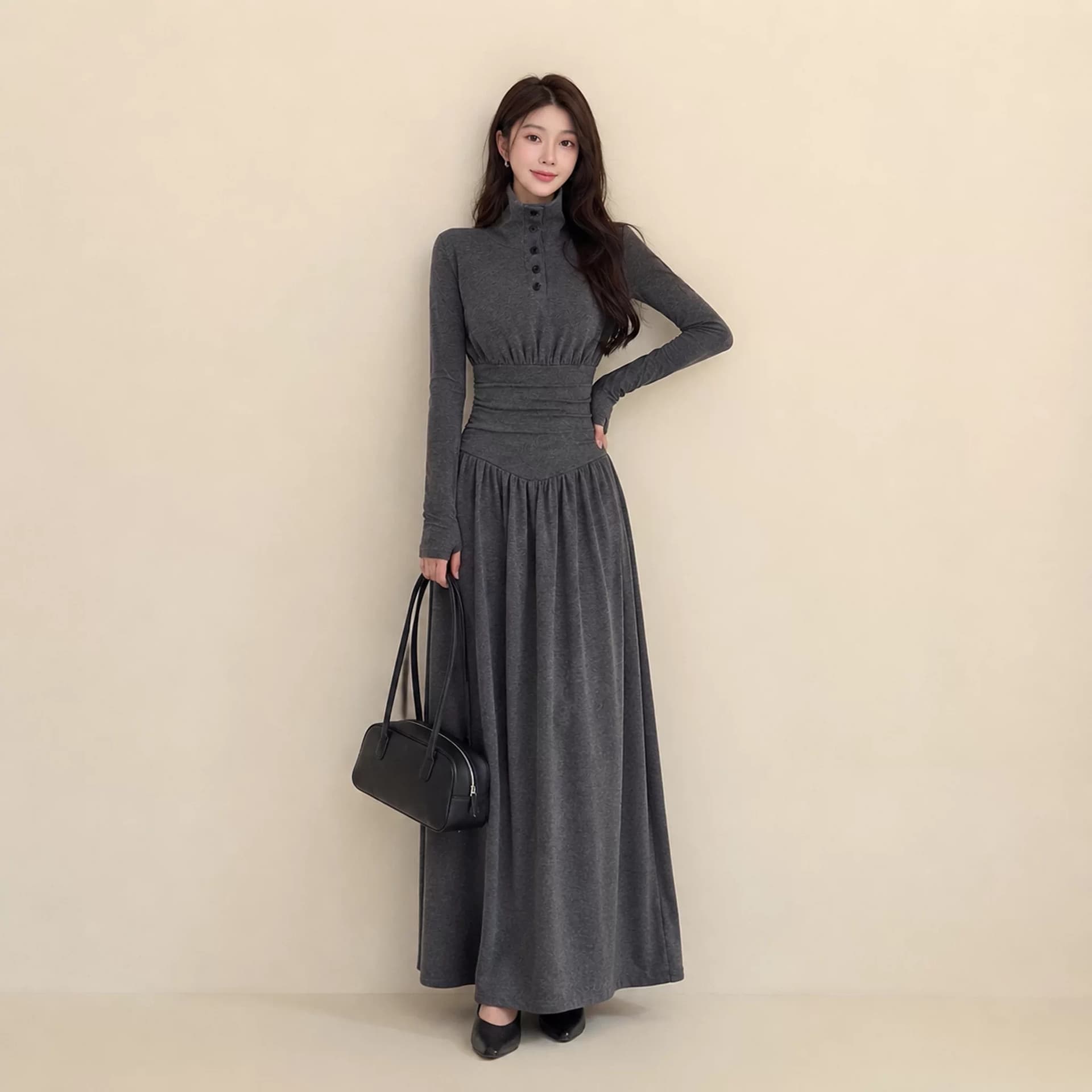 이른 가을 한 부서 학원 스타일 여성 드레스 가을 겨울 레트로 스탠드 칼라 A라인 스커트 몸매 가꾸기 슬림해 보이는 만나는 회색 길다 치마 상세 이미지 5