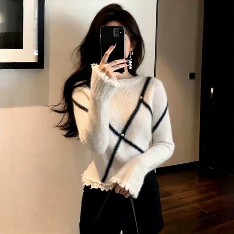작은 샤넬 스타일 불규칙 레이스 니트 스웨터 가을 겨울철 인사이드 가져 가라. 만나는 여성 몸매 가꾸기 디자인 센스 긴팔 맨위 스웨터 이미지 4