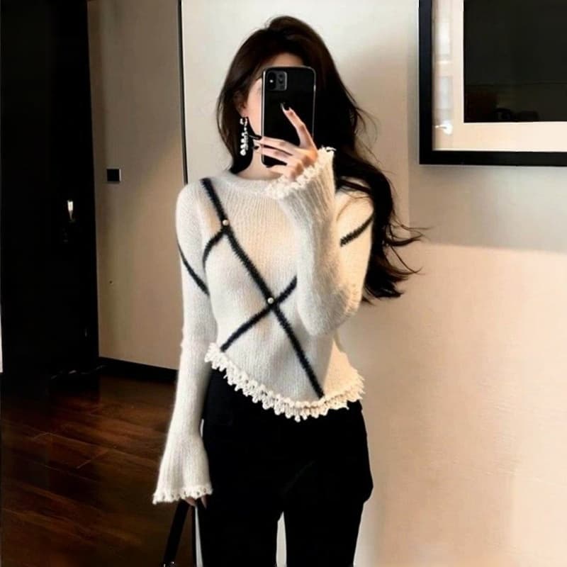 작은 샤넬 스타일 불규칙 레이스 니트 스웨터 가을 겨울철 인사이드 가져 가라. 만나는 여성 몸매 가꾸기 디자인 센스 긴팔 맨위 스웨터 이미지 3