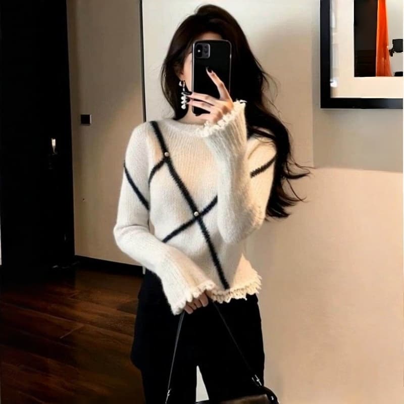 작은 샤넬 스타일 불규칙 레이스 니트 스웨터 가을 겨울철 인사이드 가져 가라. 만나는 여성 몸매 가꾸기 디자인 센스 긴팔 맨위 스웨터 이미지 2