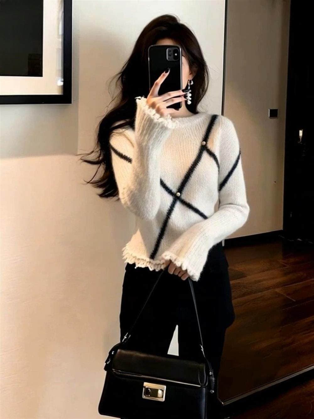 작은 샤넬 스타일 불규칙 레이스 니트 스웨터 가을 겨울철 인사이드 가져 가라. 만나는 여성 몸매 가꾸기 디자인 센스 긴팔 맨위 스웨터 상세 이미지 3