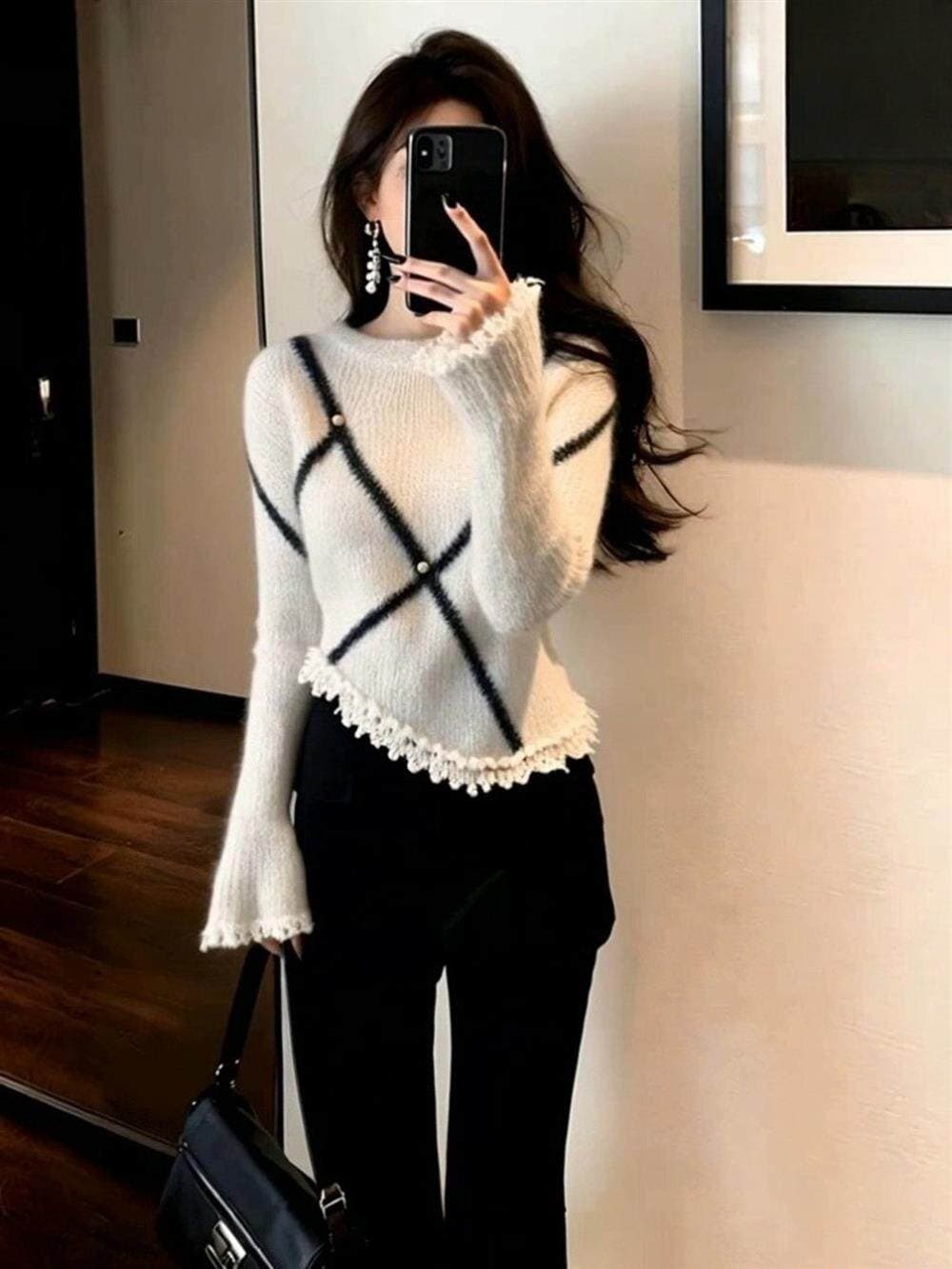 작은 샤넬 스타일 불규칙 레이스 니트 스웨터 가을 겨울철 인사이드 가져 가라. 만나는 여성 몸매 가꾸기 디자인 센스 긴팔 맨위 스웨터 상세 이미지 4