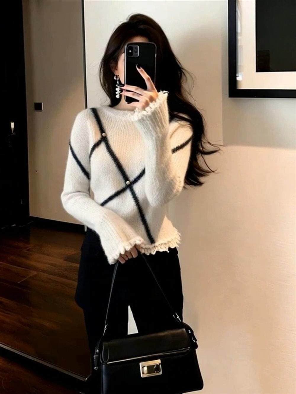 작은 샤넬 스타일 불규칙 레이스 니트 스웨터 가을 겨울철 인사이드 가져 가라. 만나는 여성 몸매 가꾸기 디자인 센스 긴팔 맨위 스웨터 상세 이미지 5