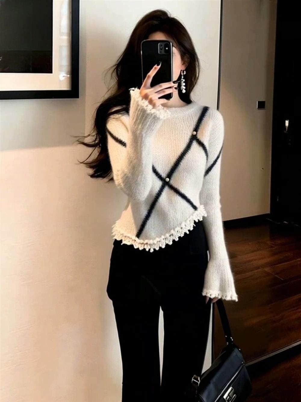 작은 샤넬 스타일 불규칙 레이스 니트 스웨터 가을 겨울철 인사이드 가져 가라. 만나는 여성 몸매 가꾸기 디자인 센스 긴팔 맨위 스웨터 상세 이미지 6