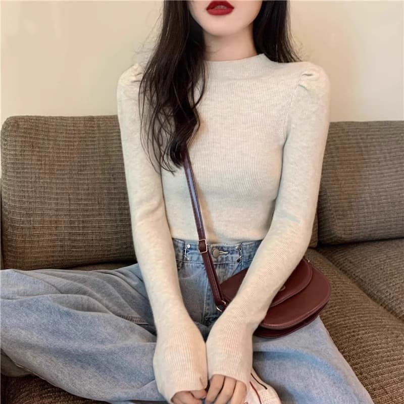 순수한 욕망 한 부서 긍정적 인 어깨 긴팔 티셔츠 여성 의류 가을 2026 년 새로운 몸매 가꾸기 반하이넥 니트 인사이드 잡아라. 의류 이미지 4