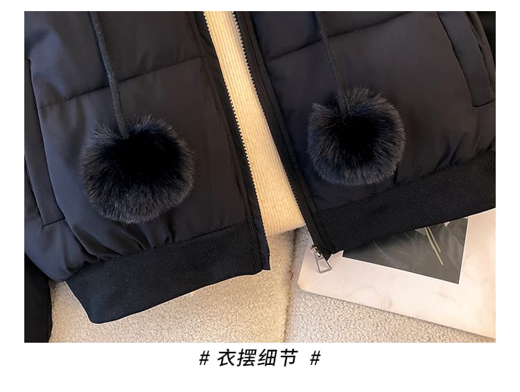 한국 대외 무역 고대 거친 가장자리 패치워크 후드 짧은 여성 코트 털 공 장식 보온 면 의류 쇼트 스타일 작은 키 두꺼운 상세 이미지 25