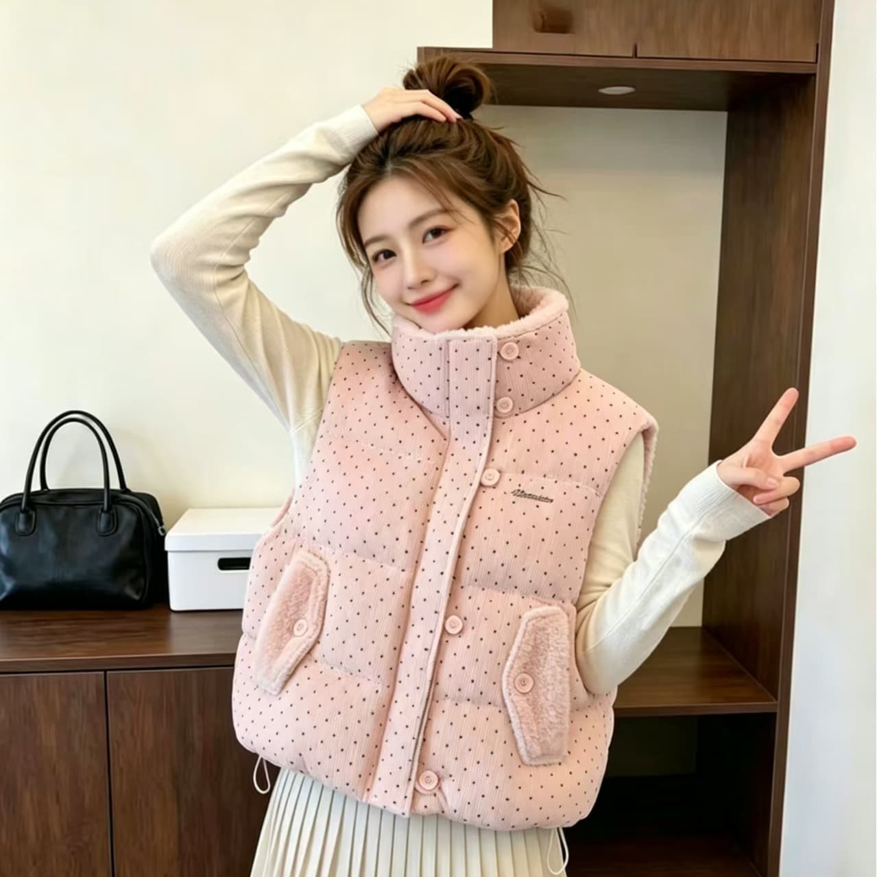 가을 겨울철 한국 스타일 다용도 달콤함 도트 무늬 면 의류 베스트 작은 키 일본식 보온 패션 민소매 어깨 이미지 5