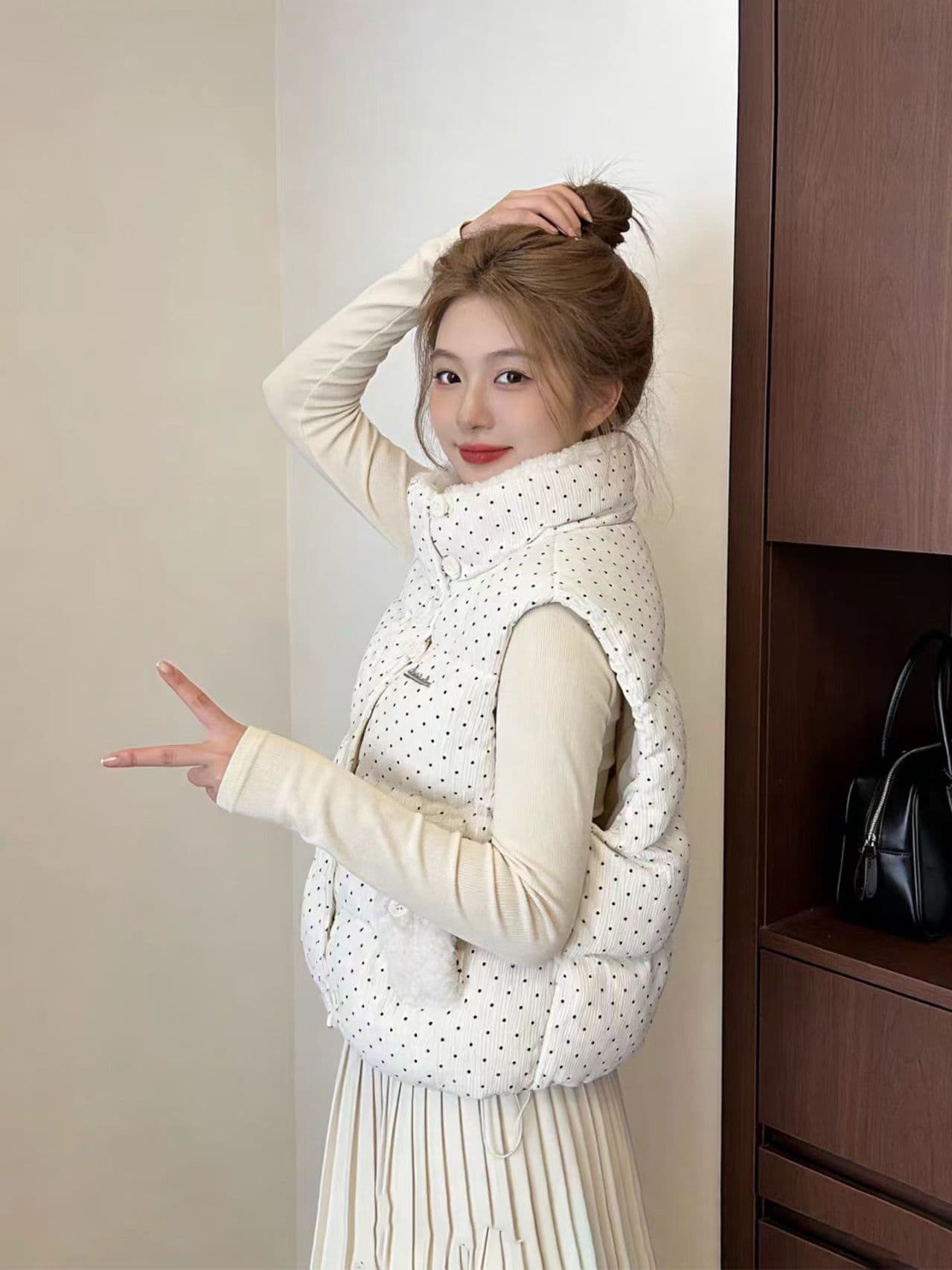 가을 겨울철 한국 스타일 다용도 달콤함 도트 무늬 면 의류 베스트 작은 키 일본식 보온 패션 민소매 어깨 상세 이미지 18
