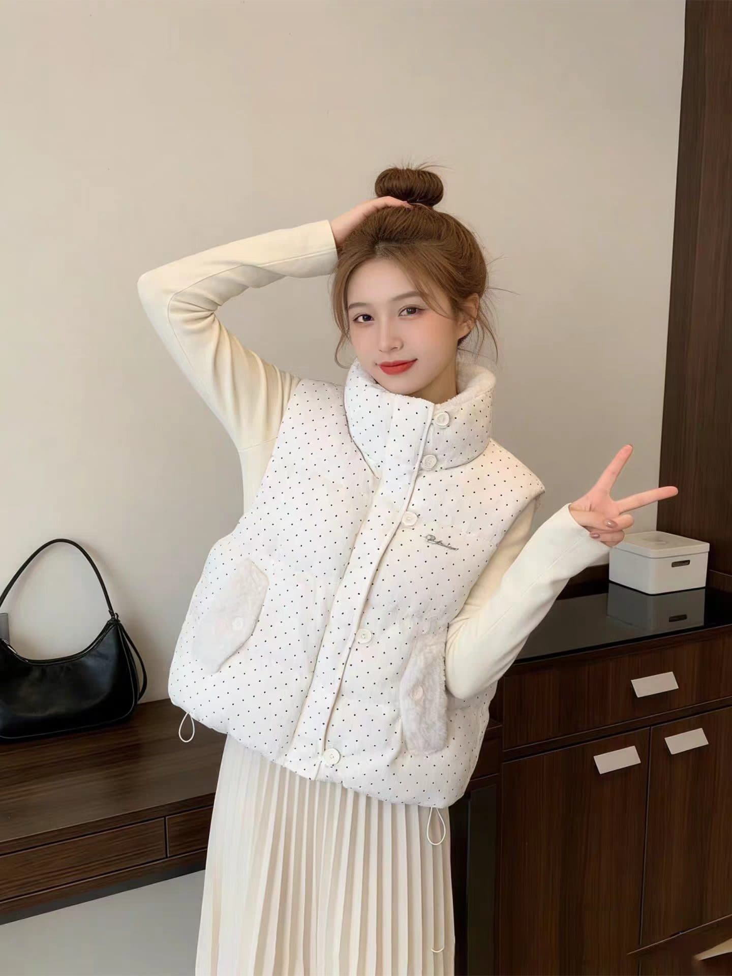 가을 겨울철 한국 스타일 다용도 달콤함 도트 무늬 면 의류 베스트 작은 키 일본식 보온 패션 민소매 어깨 상세 이미지 20