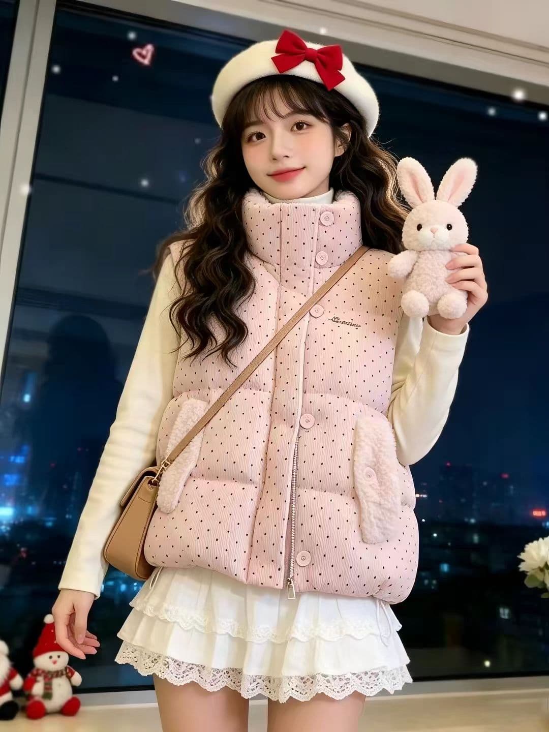 가을 겨울철 한국 스타일 다용도 달콤함 도트 무늬 면 의류 베스트 작은 키 일본식 보온 패션 민소매 어깨 상세 이미지 21