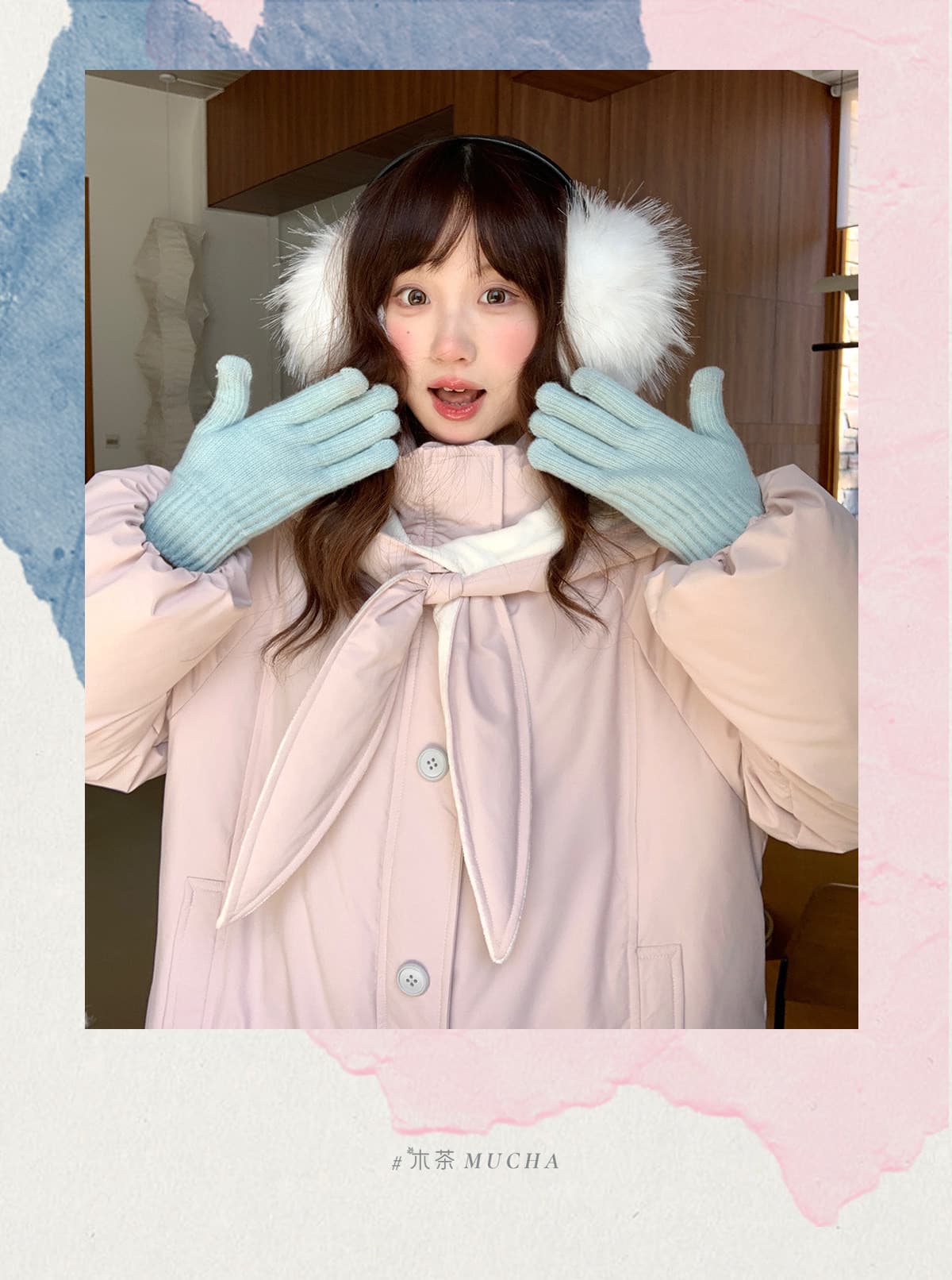 인터넷 그림 나무 차 mucha 우유 황색 토끼 롱 코트 면 옷 면 의류 여성 겨울 보온 두꺼운 루즈핏 재킷 상세 이미지 1