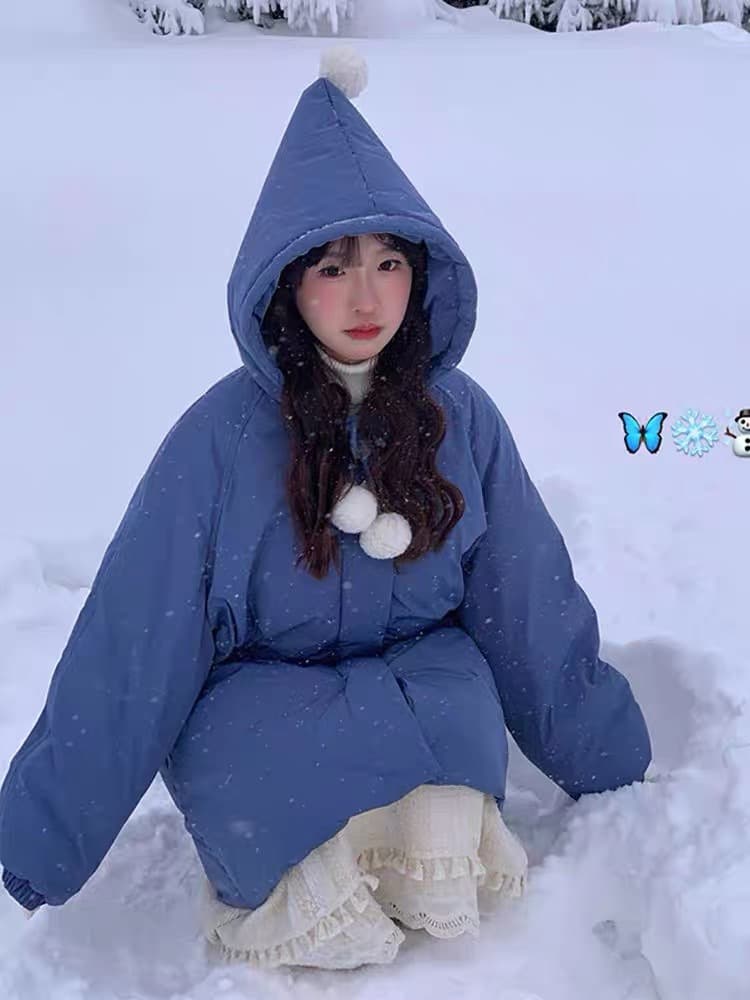 고급 센스 후드 미니멀리즘 데님 블루 면 의류 여성 가을 겨울 귀여운 연령 감소 달콤함 면 옷 보온 중간 길이 재킷 이미지 4