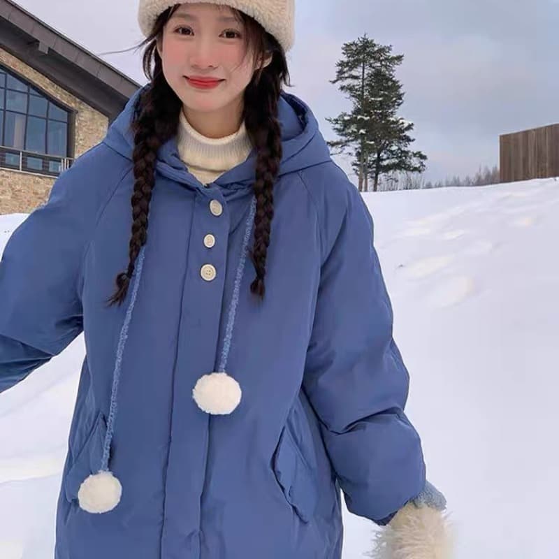 고급 센스 후드 미니멀리즘 데님 블루 면 의류 여성 가을 겨울 귀여운 연령 감소 달콤함 면 옷 보온 중간 길이 재킷 이미지 5