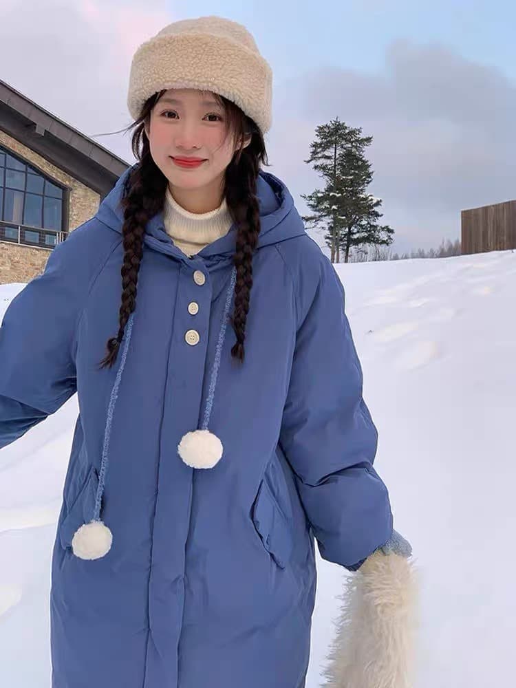 고급 센스 후드 미니멀리즘 데님 블루 면 의류 여성 가을 겨울 귀여운 연령 감소 달콤함 면 옷 보온 중간 길이 재킷 상세 이미지 2