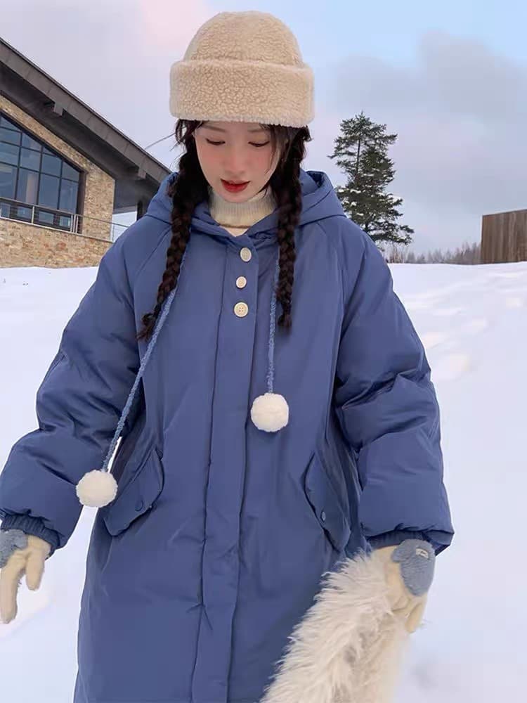 고급 센스 후드 미니멀리즘 데님 블루 면 의류 여성 가을 겨울 귀여운 연령 감소 달콤함 면 옷 보온 중간 길이 재킷 상세 이미지 4